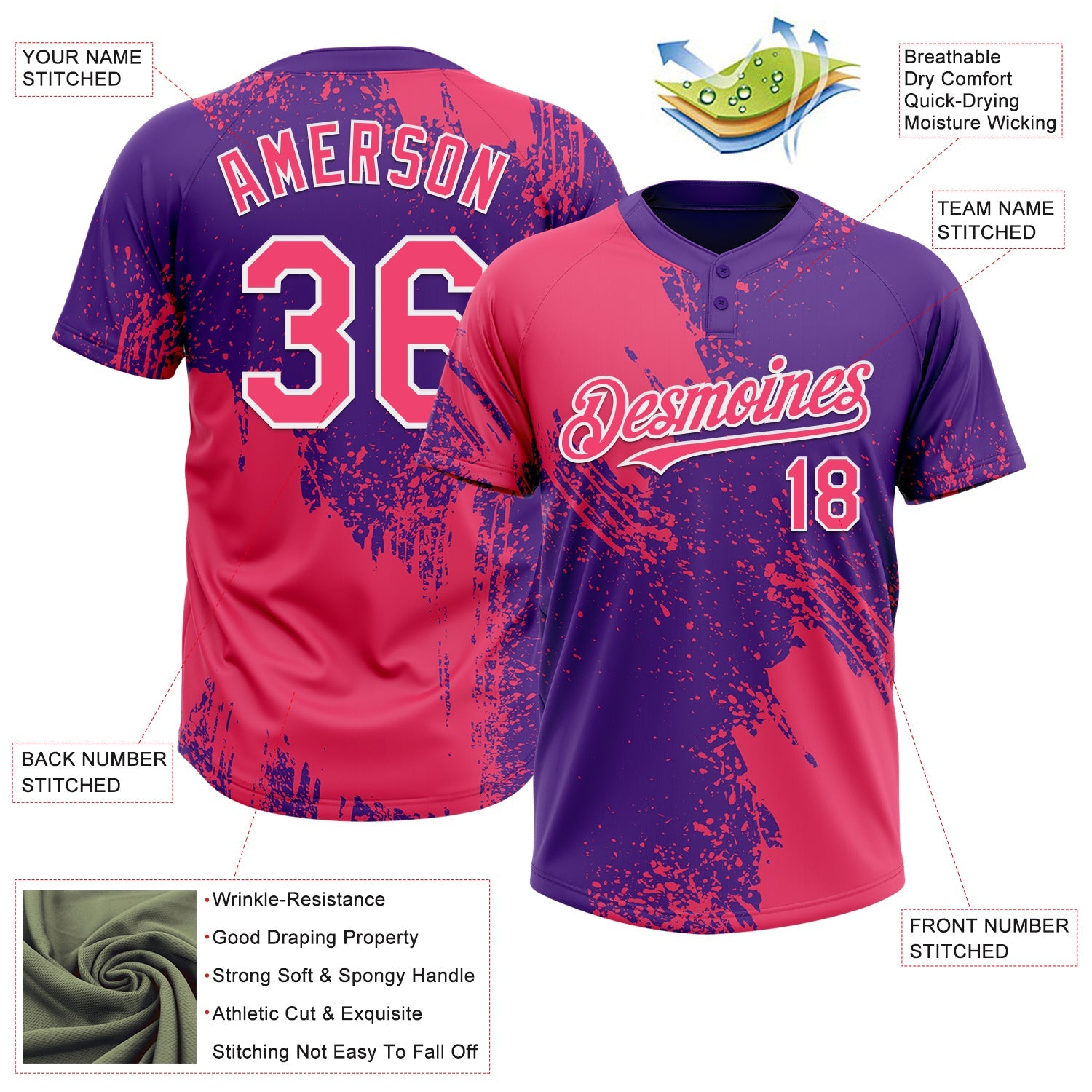Custom Neon Pink Purple-White 3D Pattern Abstract Brush Stroke Two-Button Unisex Softball Jersey view 3