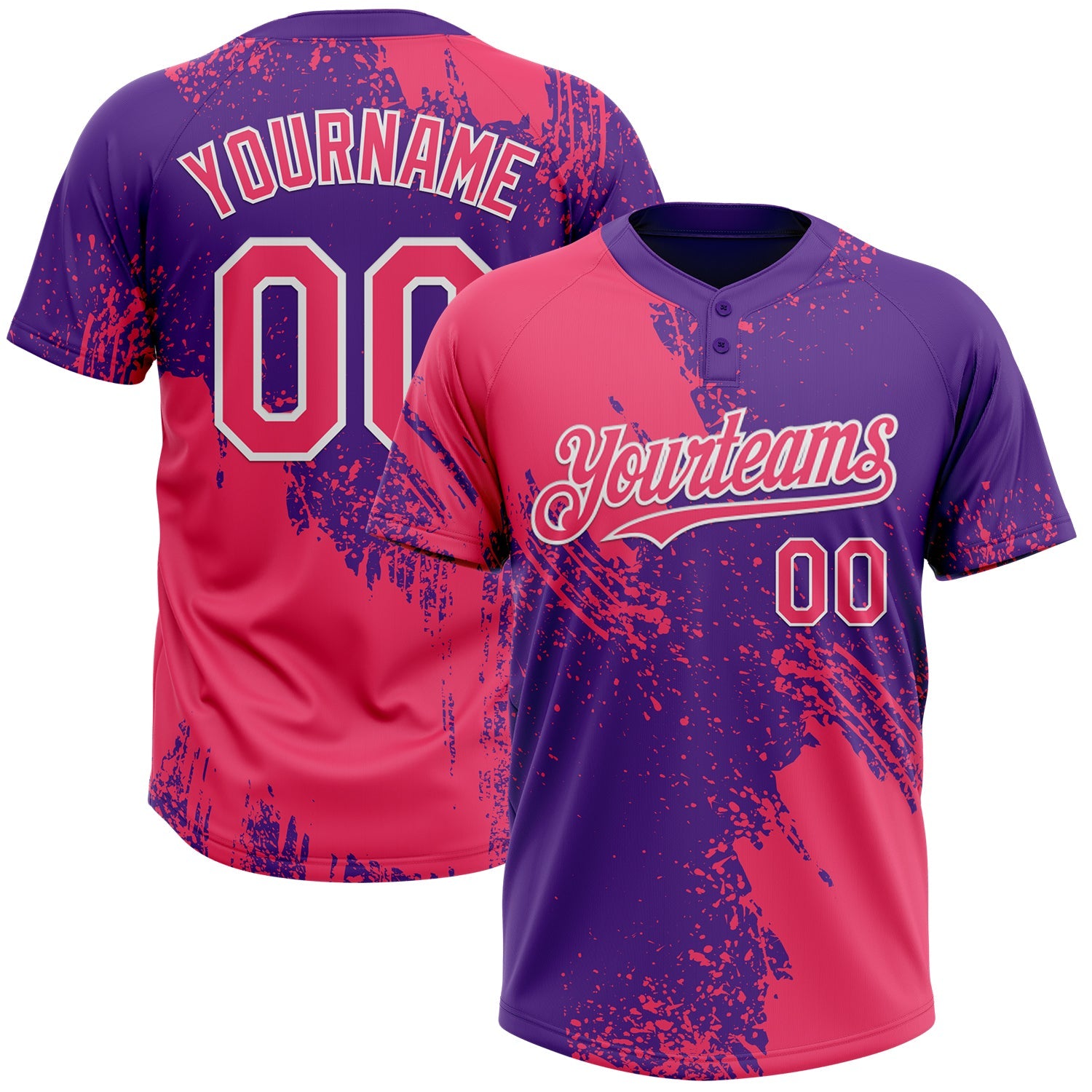 Custom Neon Pink Purple-White 3D Pattern Abstract Brush Stroke Two-Button Unisex Softball Jersey - Main View