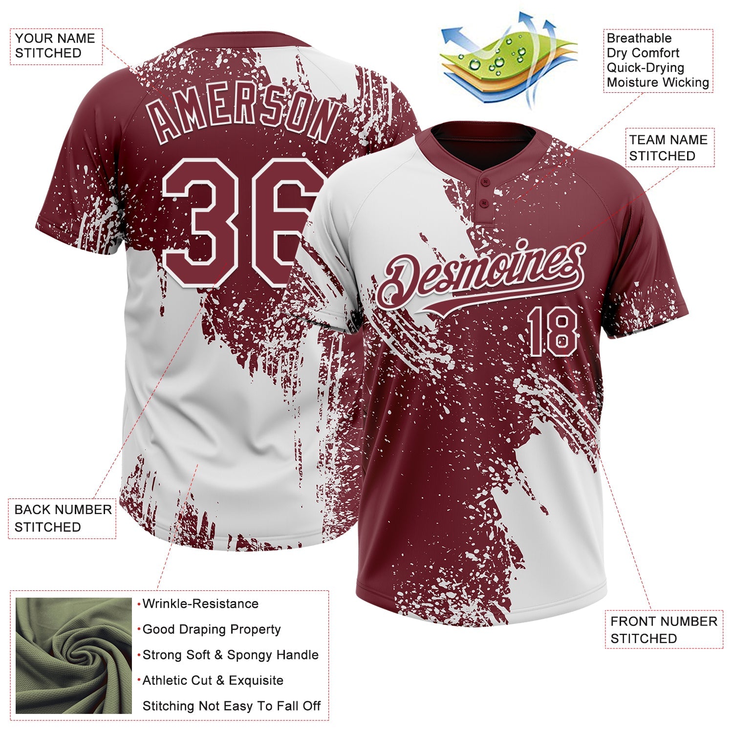 Custom White Burgundy 3D Pattern Abstract Brush Stroke Two-Button Unisex Softball Jersey view 3