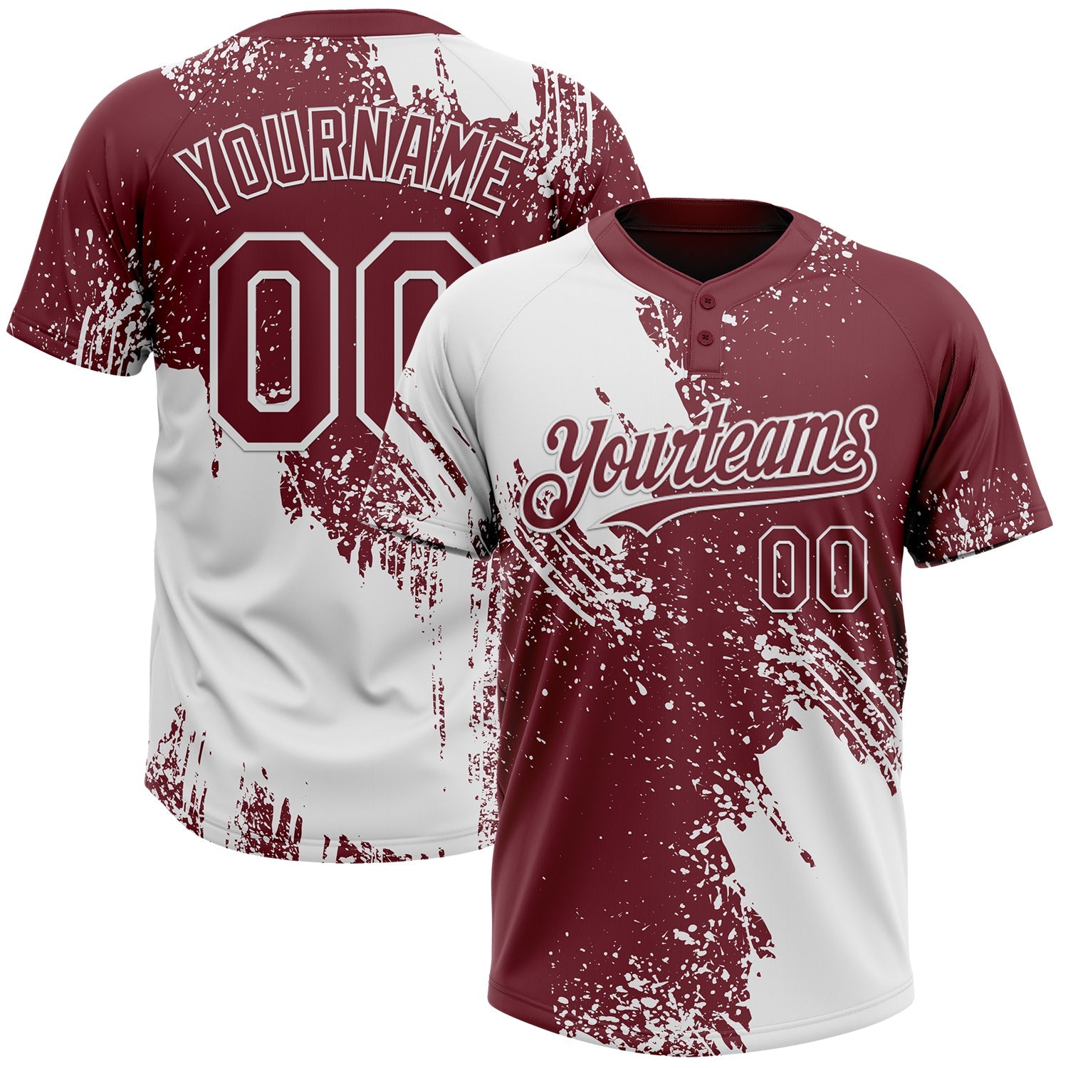 Custom White Burgundy 3D Pattern Abstract Brush Stroke Two-Button Unisex Softball Jersey - Main View
