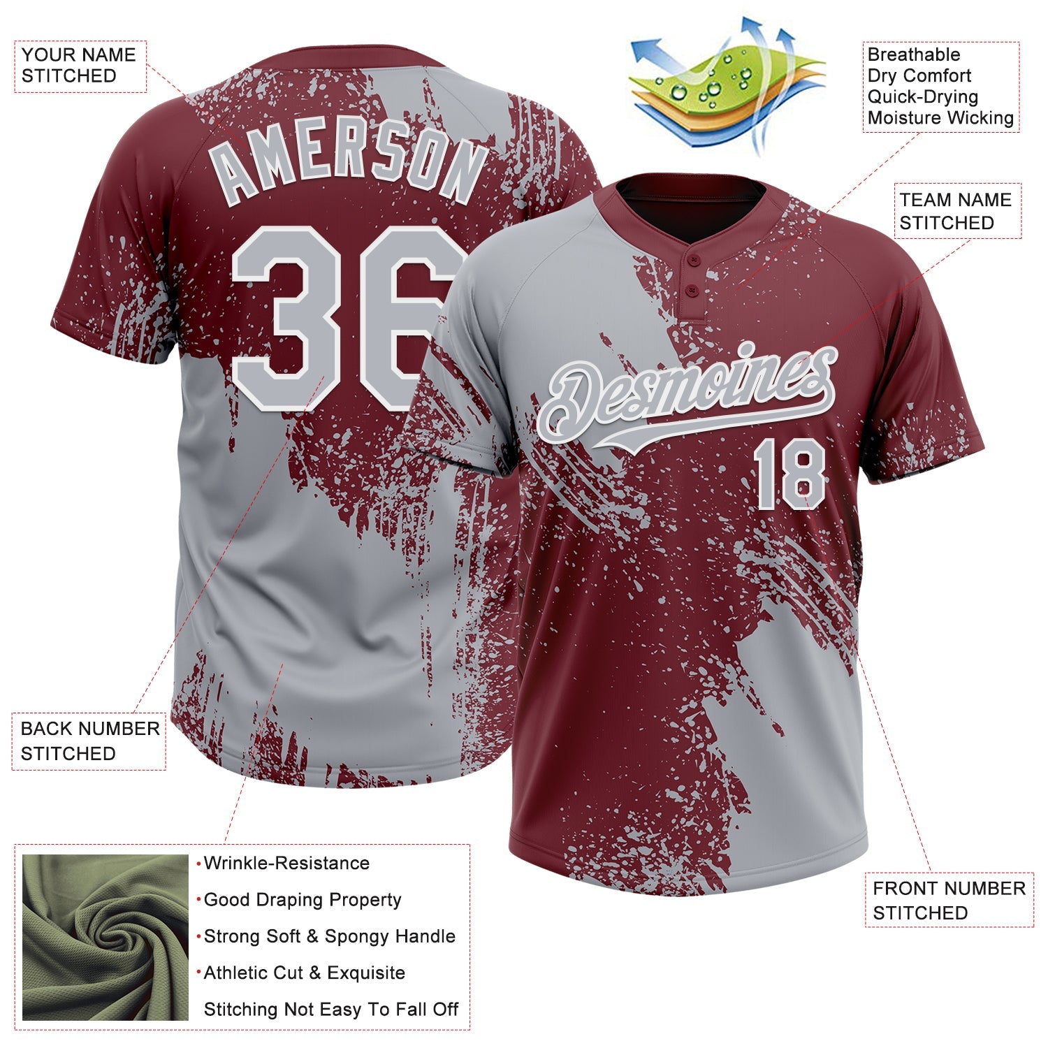 Custom Gray Burgundy-White 3D Pattern Abstract Brush Stroke Two-Button Unisex Softball Jersey view 3