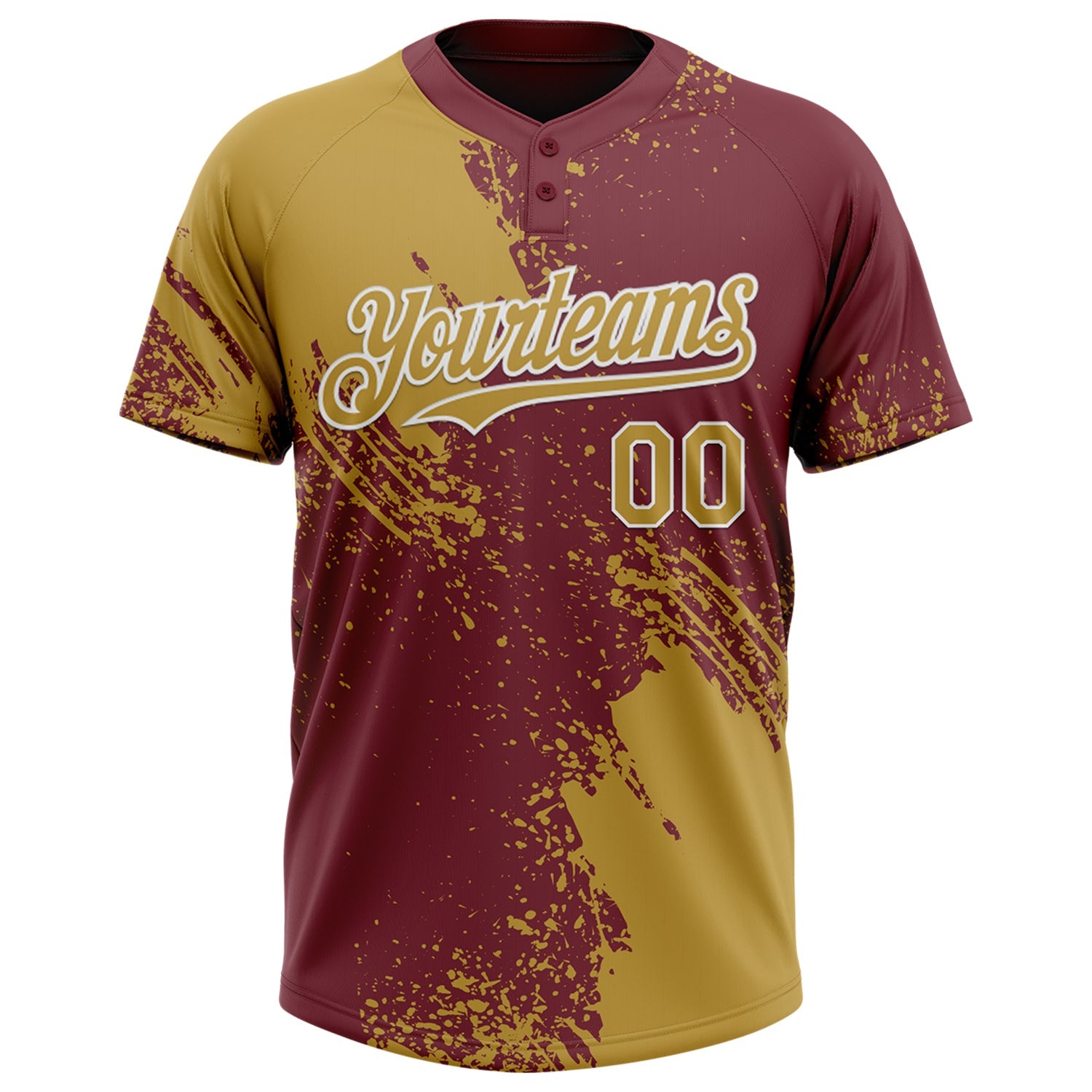 Custom Old Gold Burgundy-White 3D Pattern Abstract Brush Stroke Two-Button Unisex Softball Jersey view 2