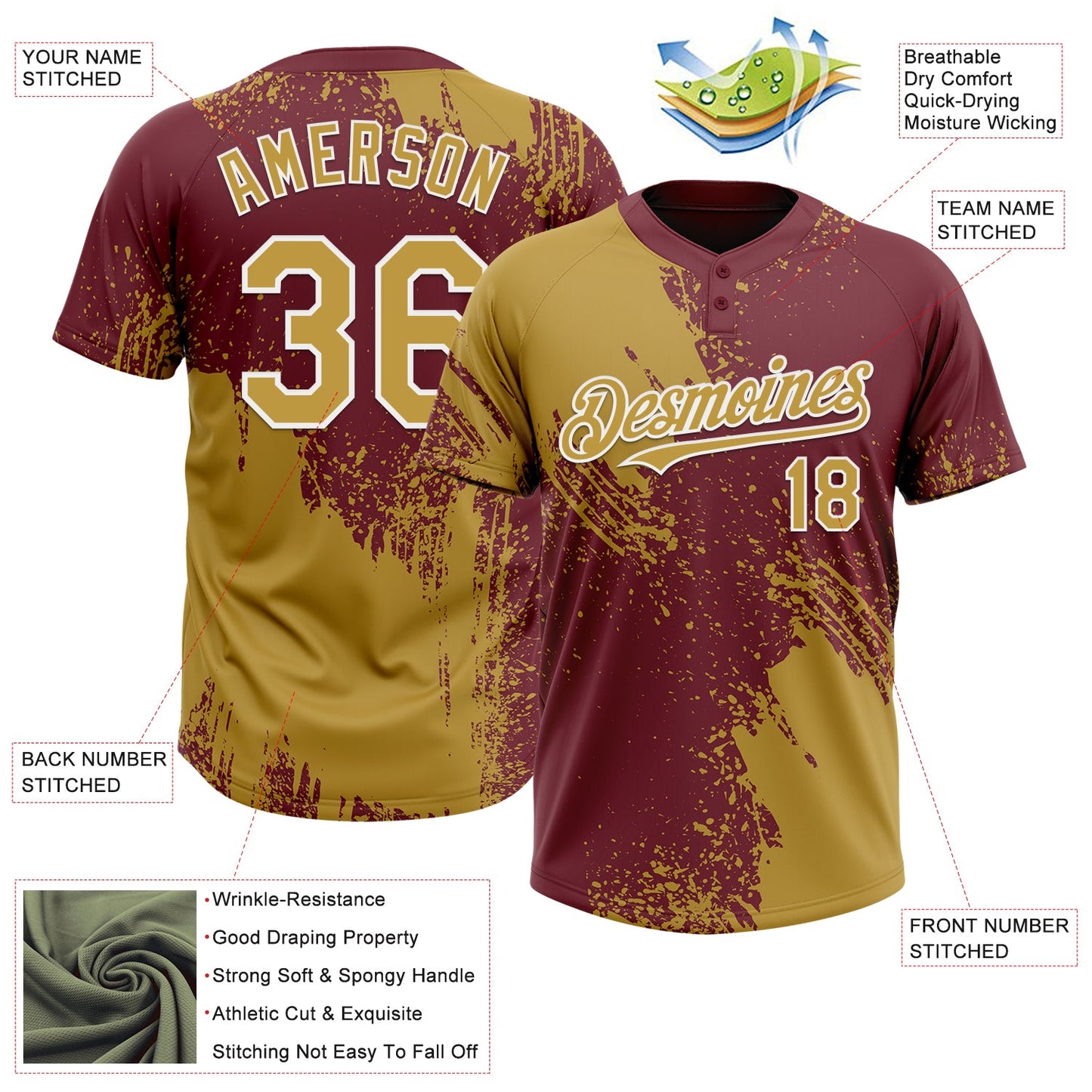 Custom Old Gold Burgundy-White 3D Pattern Abstract Brush Stroke Two-Button Unisex Softball Jersey view 3