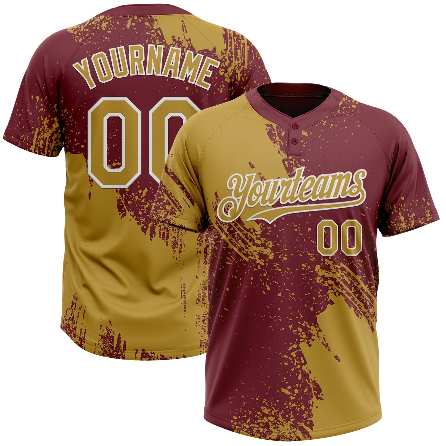 Custom Old Gold Burgundy-White 3D Pattern Abstract Brush Stroke Two-Button Unisex Softball Jersey - Main View