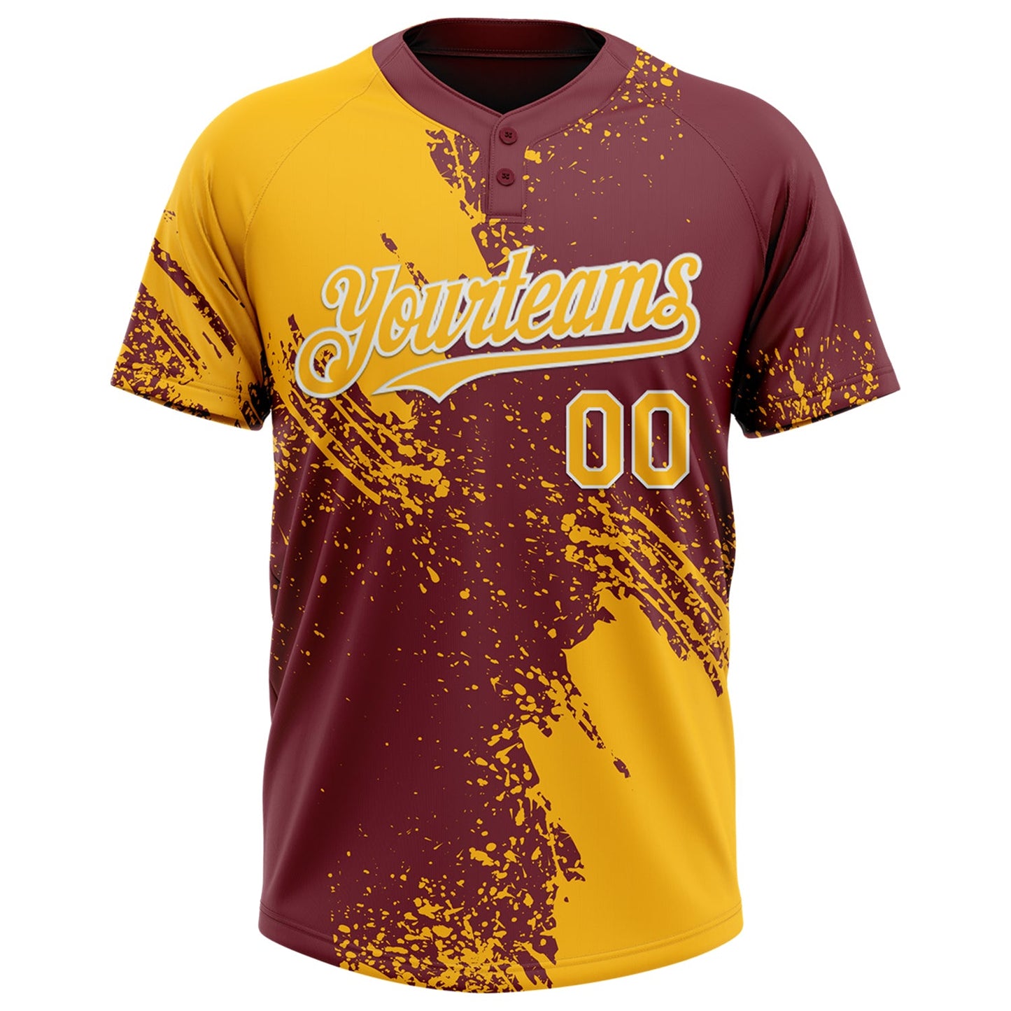 Custom Gold Burgundy-White 3D Pattern Abstract Brush Stroke Two-Button Unisex Softball Jersey view 2