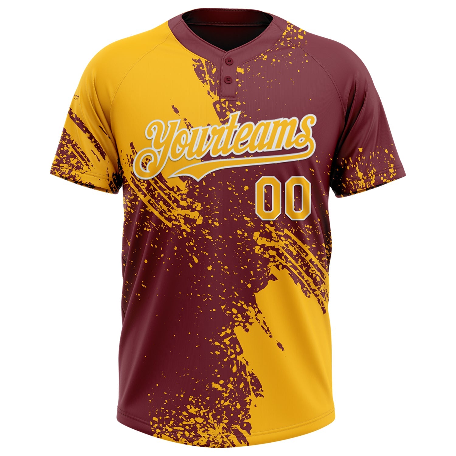 Custom Gold Burgundy-White 3D Pattern Abstract Brush Stroke Two-Button Unisex Softball Jersey view 2
