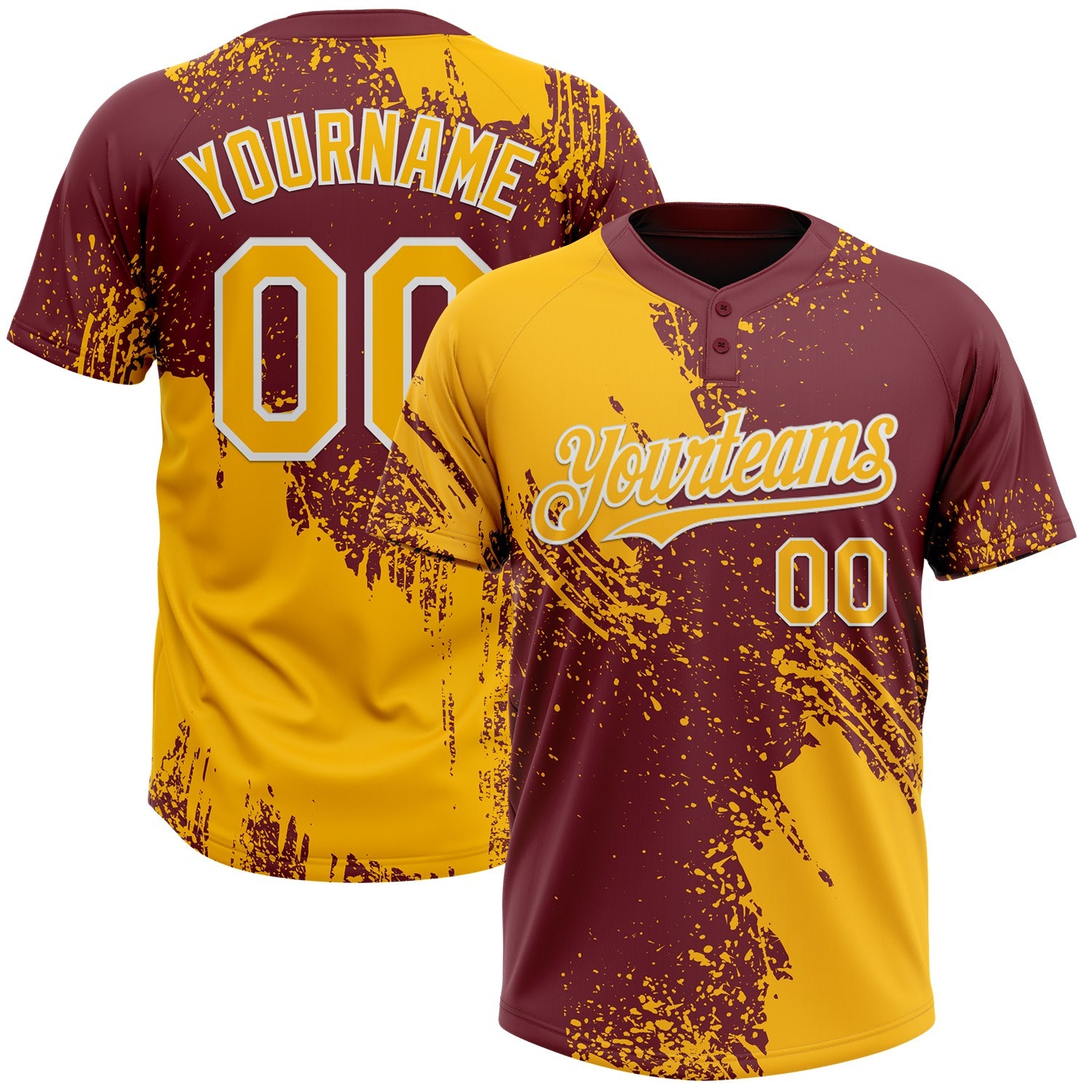 Custom Gold Burgundy-White 3D Pattern Abstract Brush Stroke Two-Button Unisex Softball Jersey - Main View