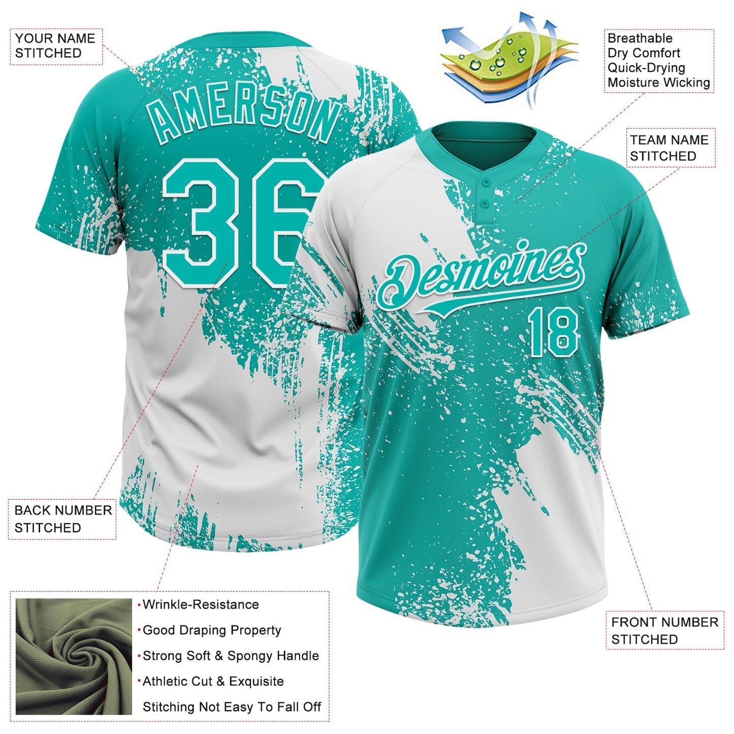 Custom White Aqua 3D Pattern Abstract Brush Stroke Two-Button Unisex Softball Jersey view 3