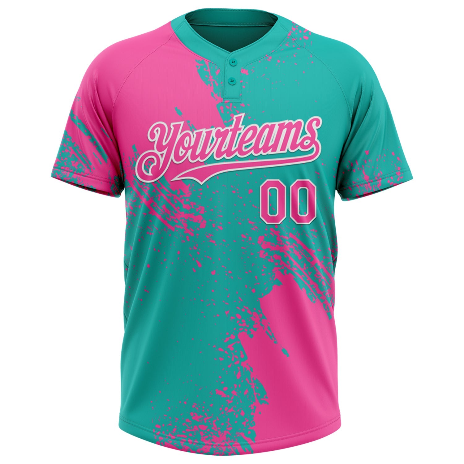 Custom Pink Aqua-White 3D Pattern Abstract Brush Stroke Two-Button Unisex Softball Jersey view 2