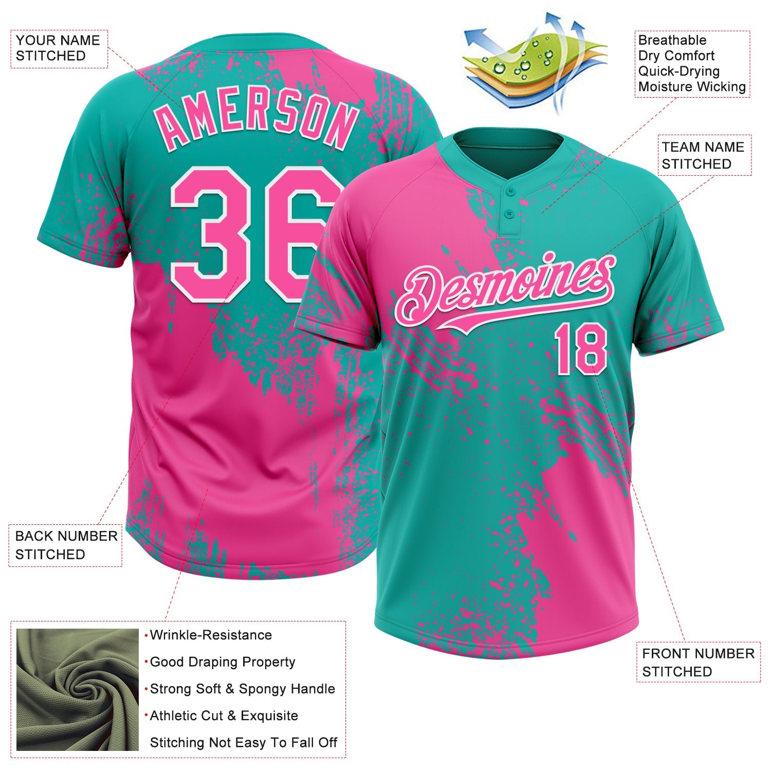 Custom Pink Aqua-White 3D Pattern Abstract Brush Stroke Two-Button Unisex Softball Jersey view 3