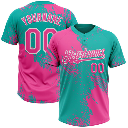 Custom Pink Aqua-White 3D Pattern Abstract Brush Stroke Two-Button Unisex Softball Jersey - Main View