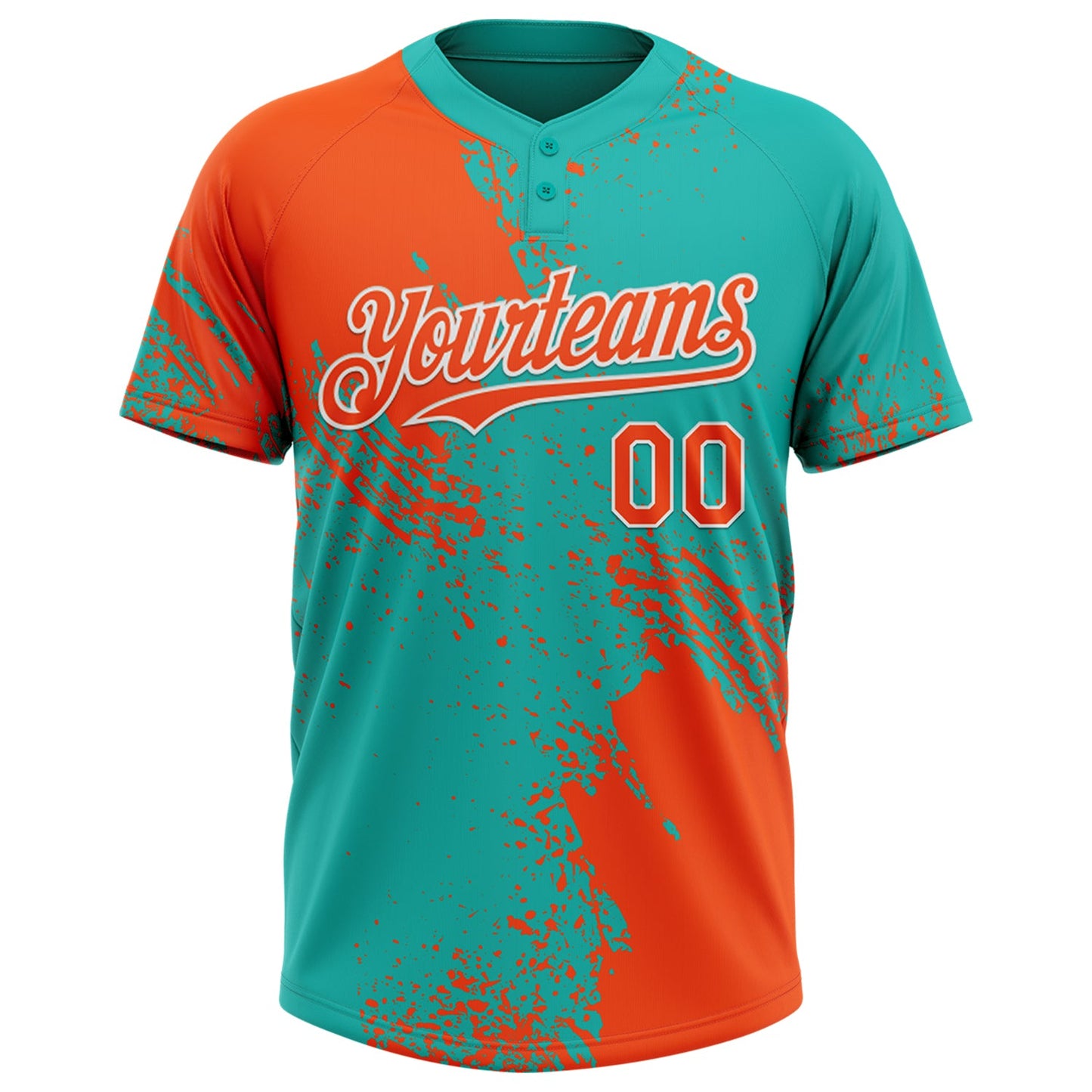 Custom Orange Aqua-White 3D Pattern Abstract Brush Stroke Two-Button Unisex Softball Jersey view 2