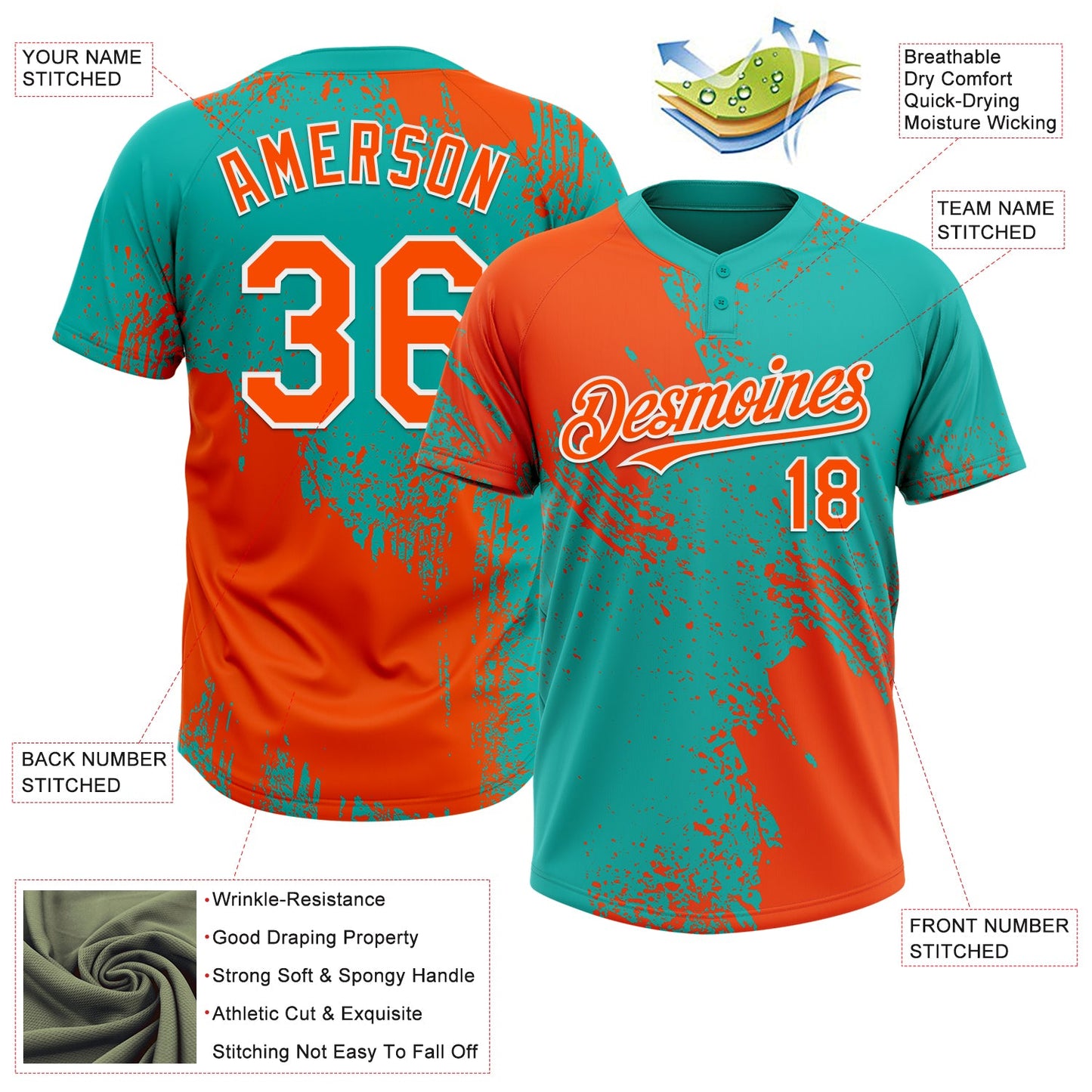 Custom Orange Aqua-White 3D Pattern Abstract Brush Stroke Two-Button Unisex Softball Jersey view 3