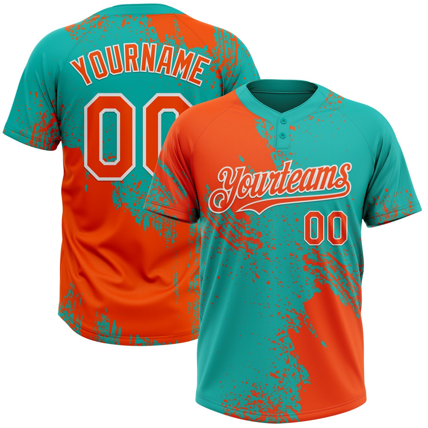 Custom Orange Aqua-White 3D Pattern Abstract Brush Stroke Two-Button Unisex Softball Jersey - Main View