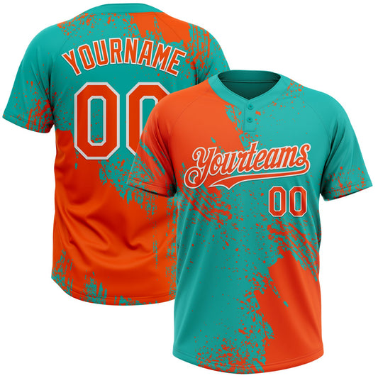 Custom Orange Aqua-White 3D Pattern Abstract Brush Stroke Two-Button Unisex Softball Jersey - Main View