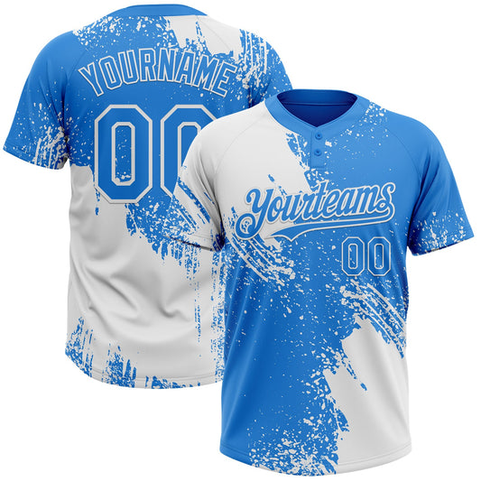 Custom White Electric Blue 3D Pattern Abstract Brush Stroke Two-Button Unisex Softball Jersey - Main View