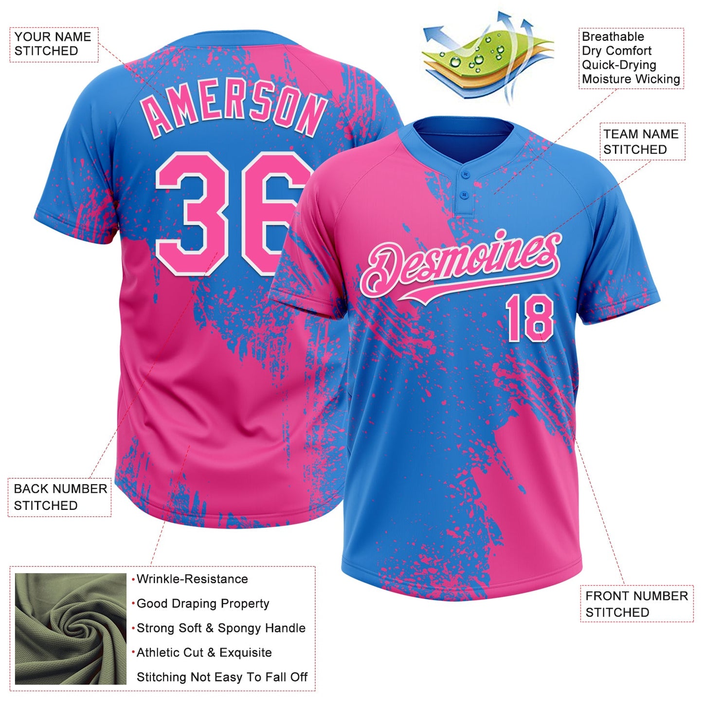 Custom Pink Electric Blue-White 3D Pattern Abstract Brush Stroke Two-Button Unisex Softball Jersey view 3
