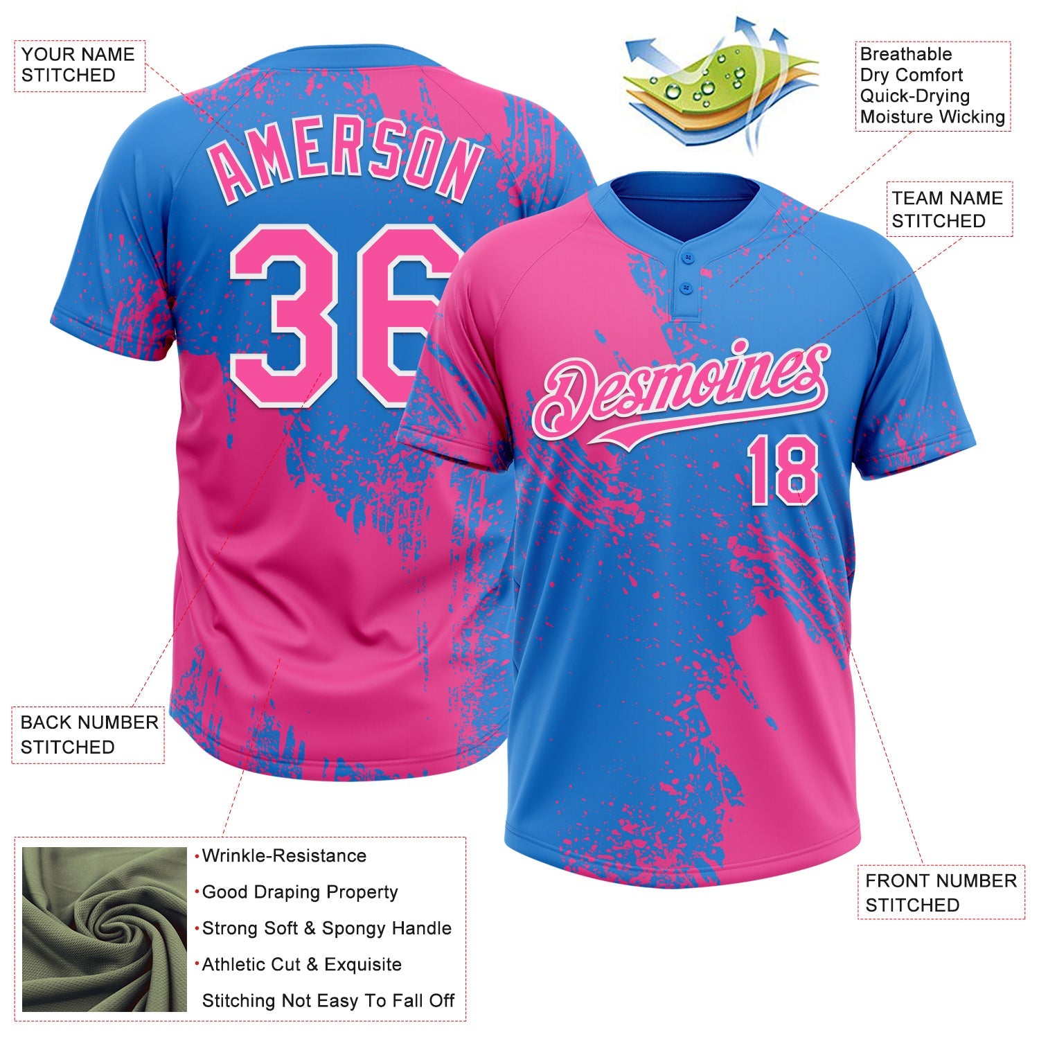 Custom Pink Electric Blue-White 3D Pattern Abstract Brush Stroke Two-Button Unisex Softball Jersey view 3