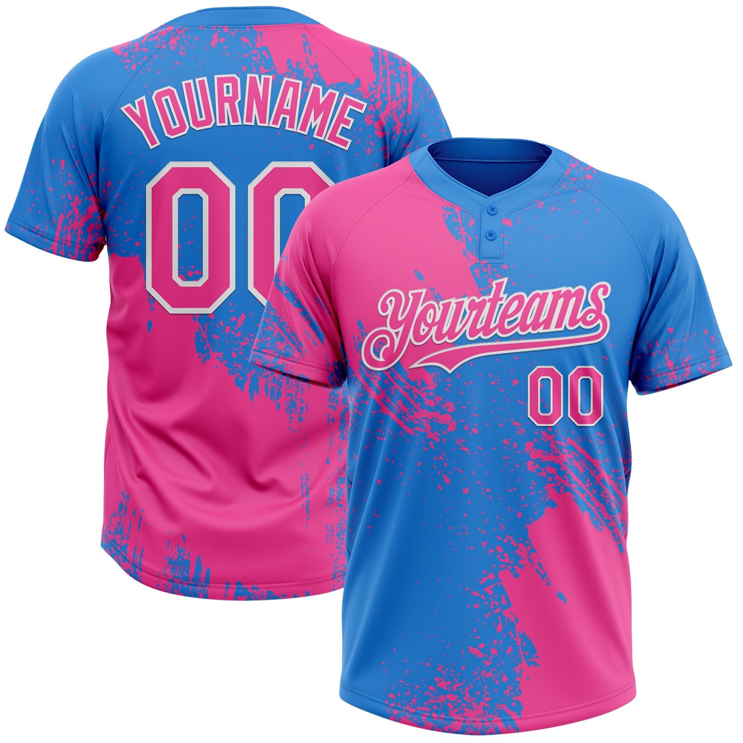 Custom Pink Electric Blue-White 3D Pattern Abstract Brush Stroke Two-Button Unisex Softball Jersey - Main View