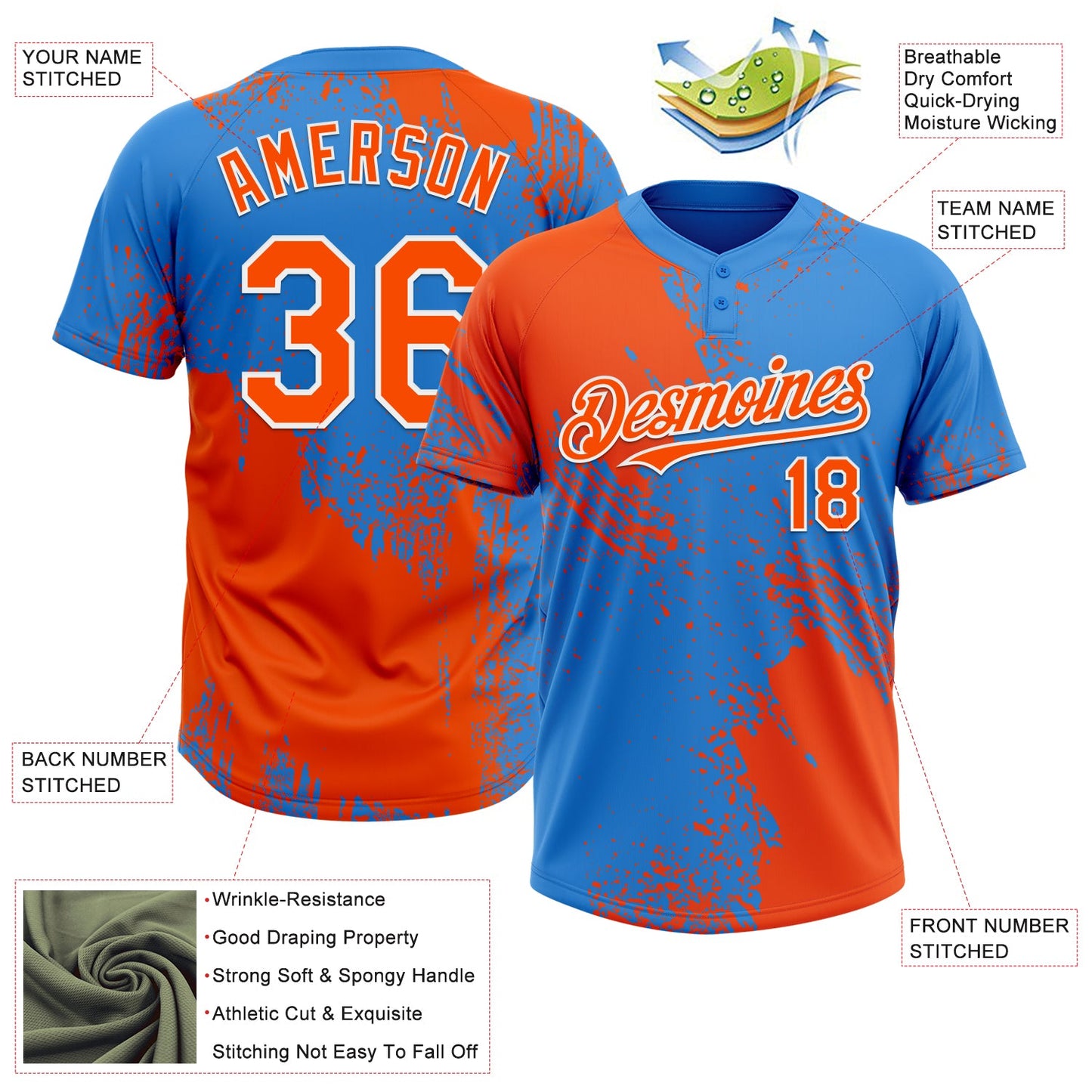 Custom Orange Electric Blue-White 3D Pattern Abstract Brush Stroke Two-Button Unisex Softball Jersey view 3