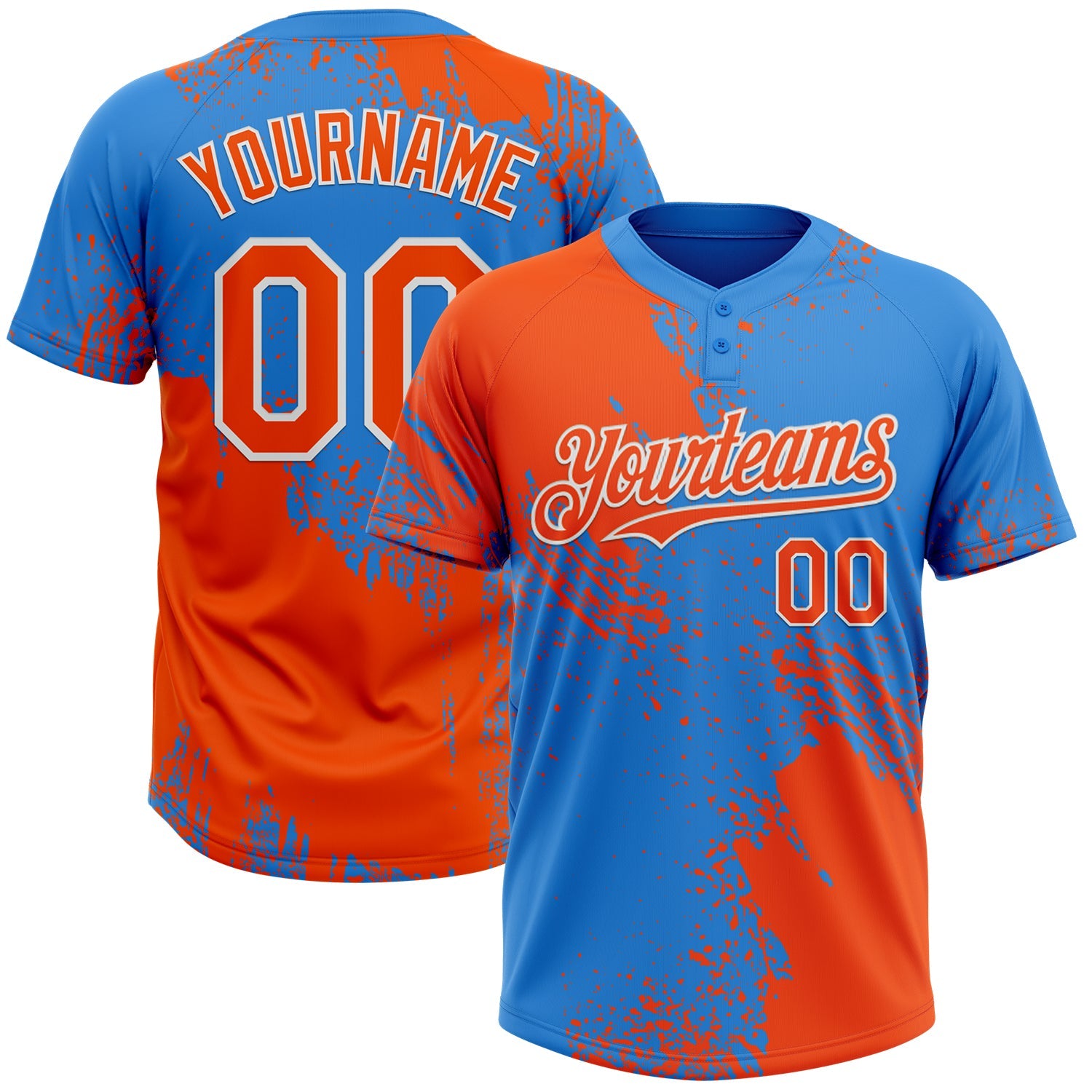 Custom Orange Electric Blue-White 3D Pattern Abstract Brush Stroke Two-Button Unisex Softball Jersey - Main View