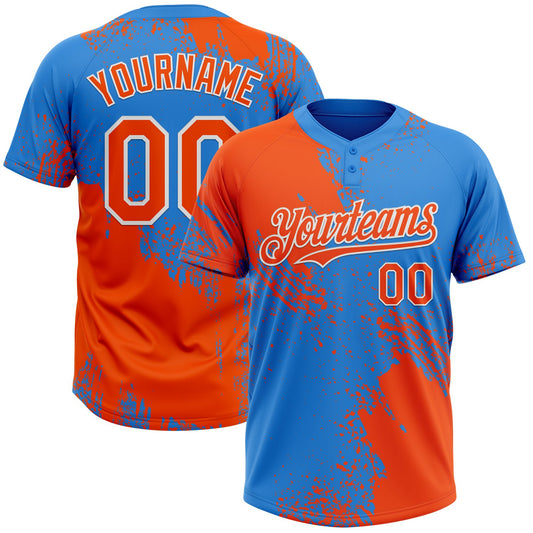 Custom Orange Electric Blue-White 3D Pattern Abstract Brush Stroke Two-Button Unisex Softball Jersey - Main View