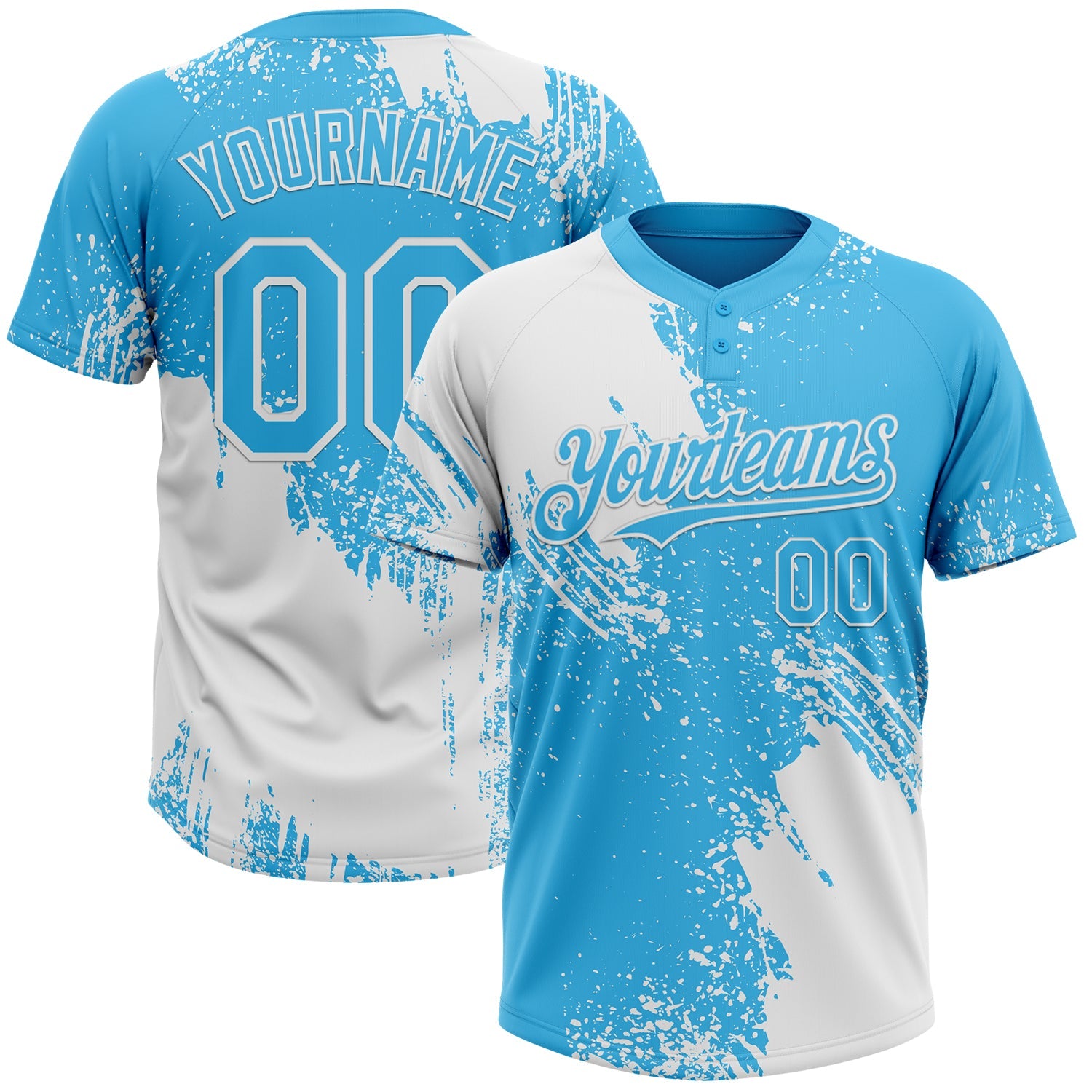 Custom White Sky Blue 3D Pattern Abstract Brush Stroke Two-Button Unisex Softball Jersey - Main View