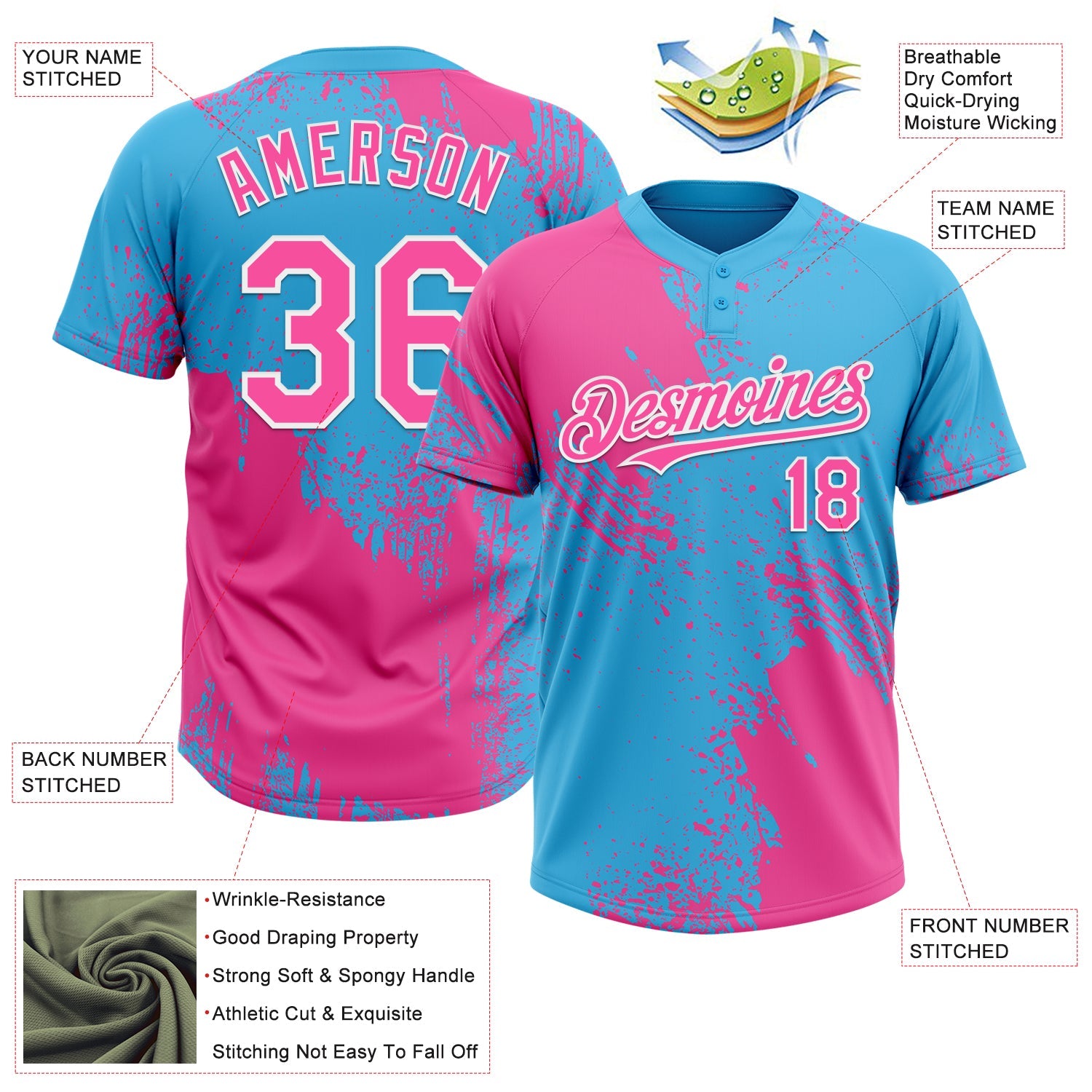 Custom Pink Sky Blue-White 3D Pattern Abstract Brush Stroke Two-Button Unisex Softball Jersey view 3
