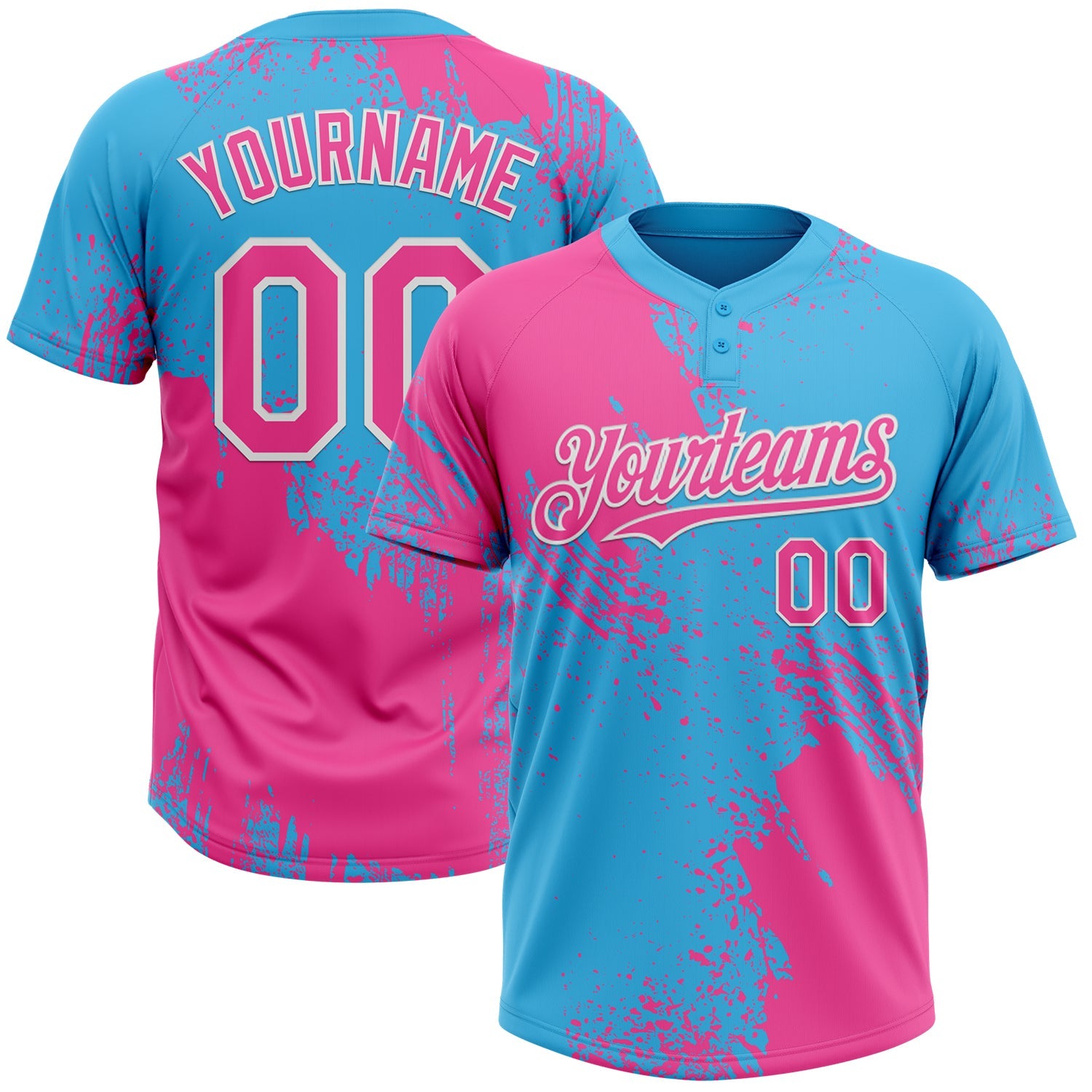Custom Pink Sky Blue-White 3D Pattern Abstract Brush Stroke Two-Button Unisex Softball Jersey - Main View