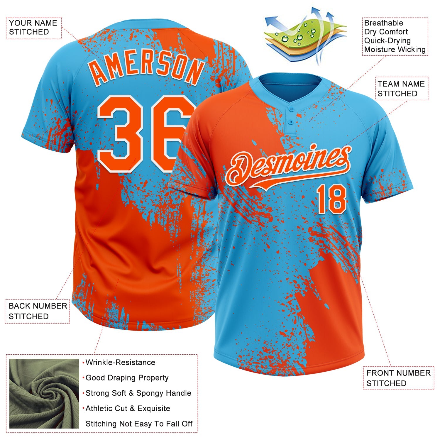 Custom Orange Sky Blue-White 3D Pattern Abstract Brush Stroke Two-Button Unisex Softball Jersey view 3
