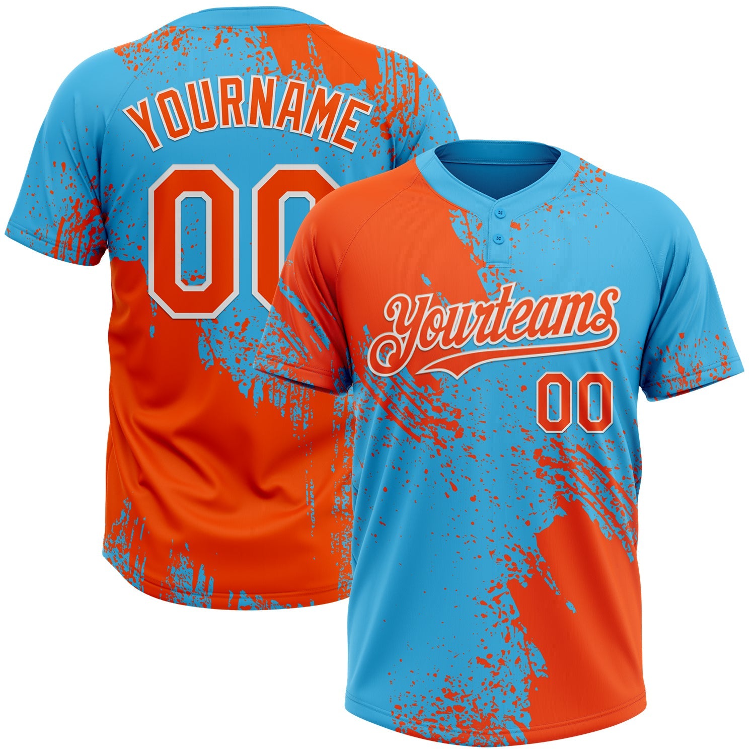 Custom Orange Sky Blue-White 3D Pattern Abstract Brush Stroke Two-Button Unisex Softball Jersey - Main View