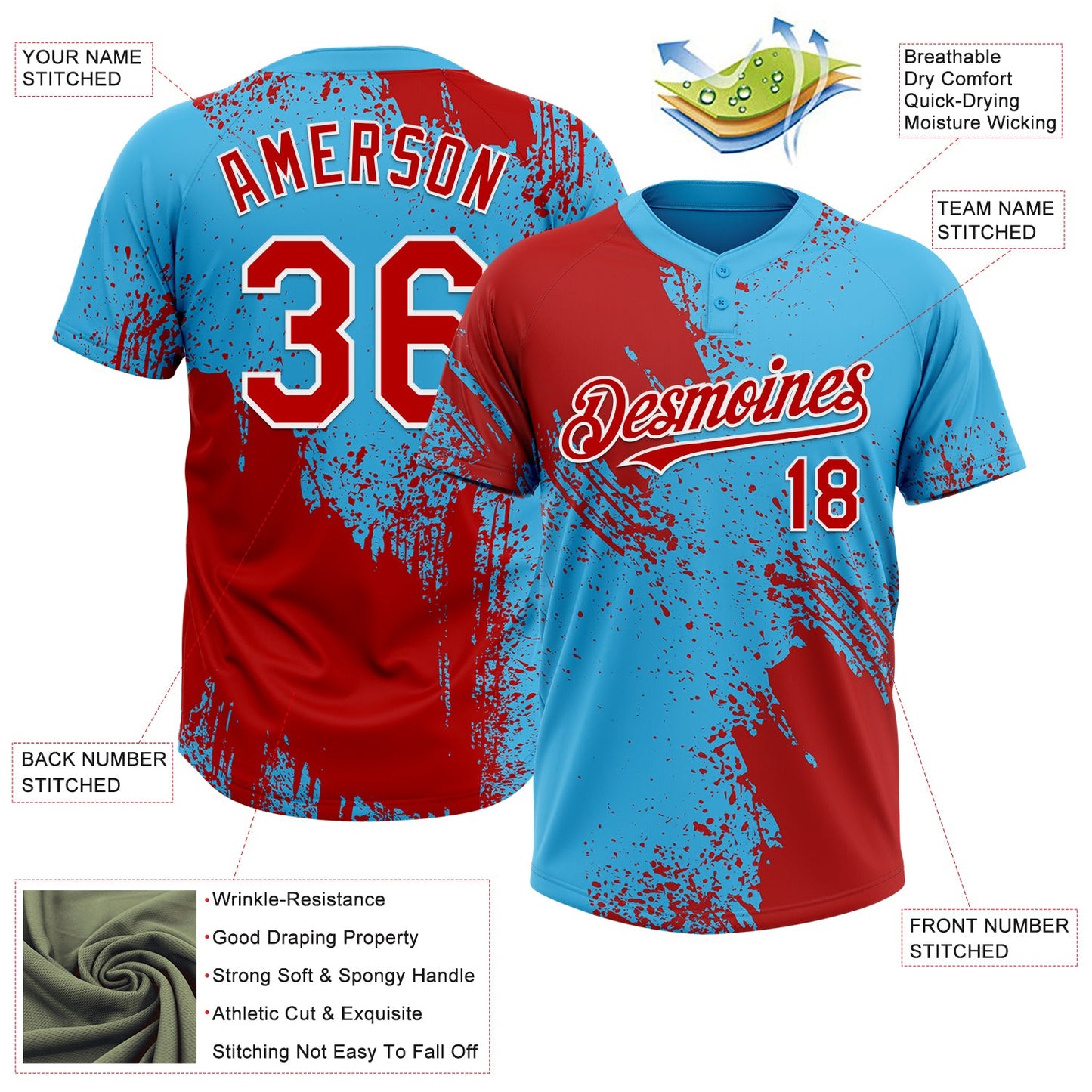 Custom Red Sky Blue-White 3D Pattern Abstract Brush Stroke Two-Button Unisex Softball Jersey view 3