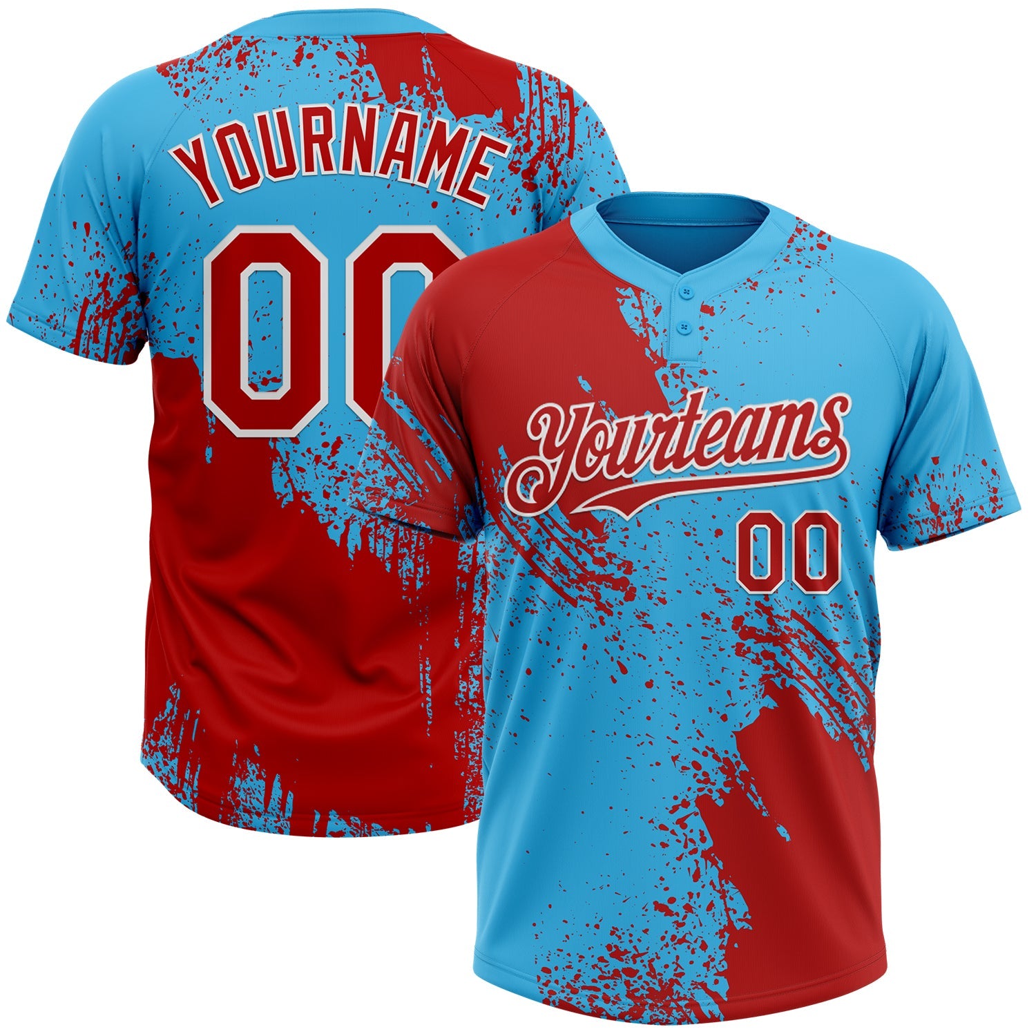 Custom Red Sky Blue-White 3D Pattern Abstract Brush Stroke Two-Button Unisex Softball Jersey - Main View