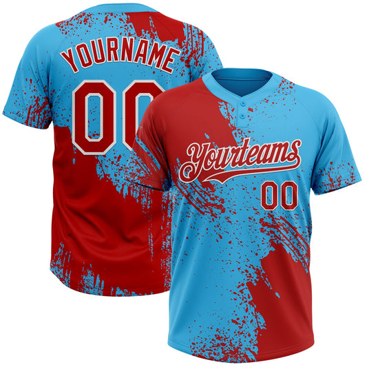Custom Red Sky Blue-White 3D Pattern Abstract Brush Stroke Two-Button Unisex Softball Jersey - Main View