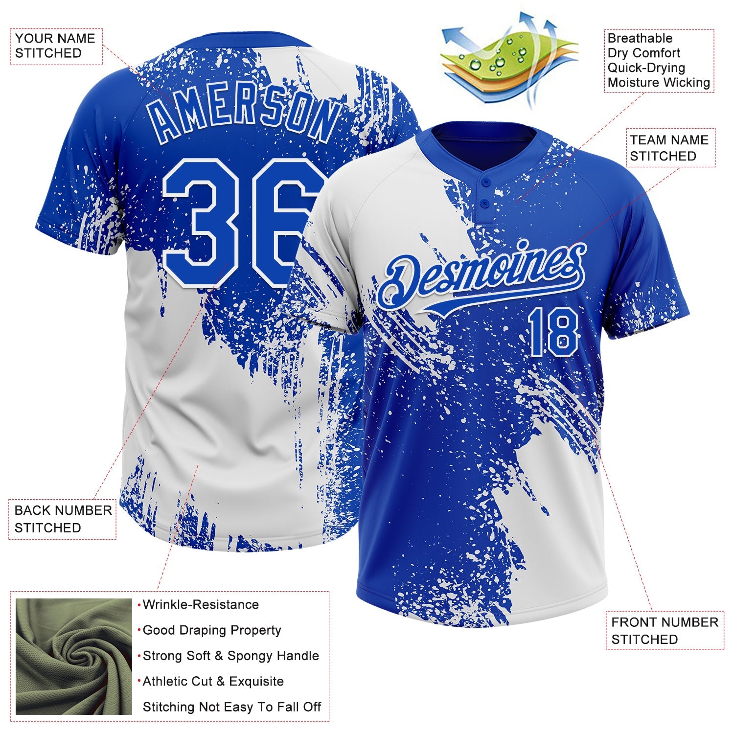 Custom White Thunder Blue 3D Pattern Abstract Brush Stroke Two-Button Unisex Softball Jersey view 3