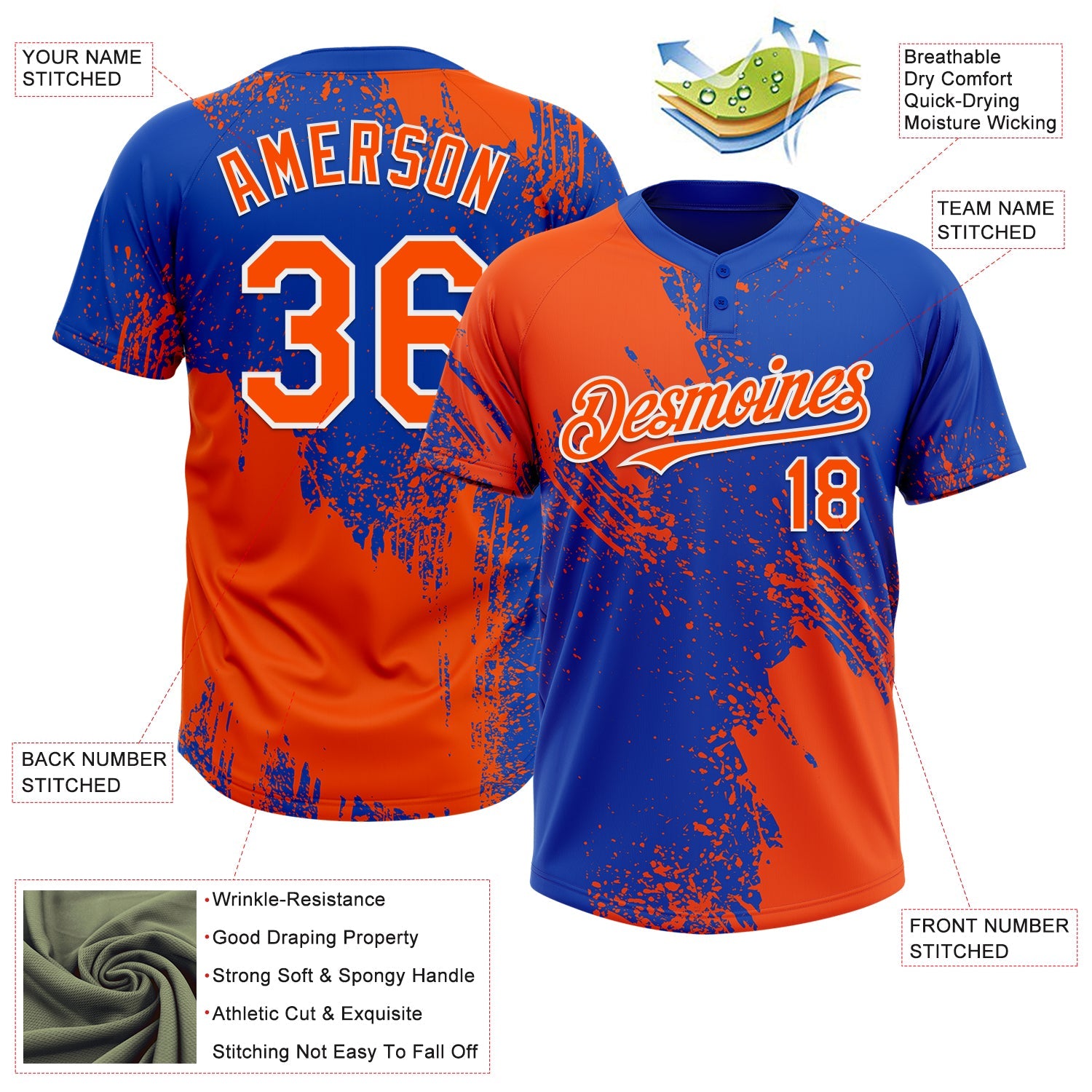 Custom Orange Thunder Blue-White 3D Pattern Abstract Brush Stroke Two-Button Unisex Softball Jersey view 3