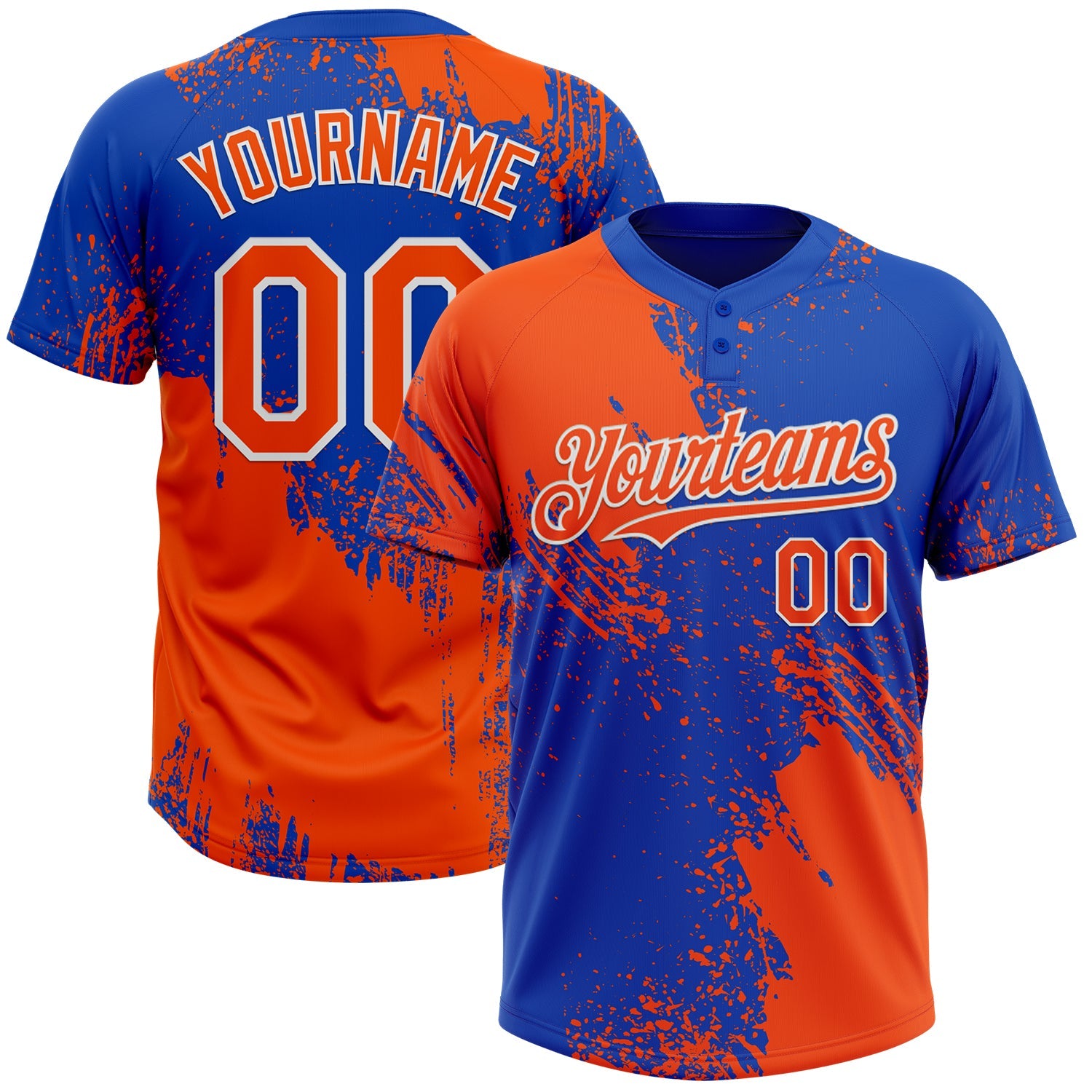 Custom Orange Thunder Blue-White 3D Pattern Abstract Brush Stroke Two-Button Unisex Softball Jersey - Main View