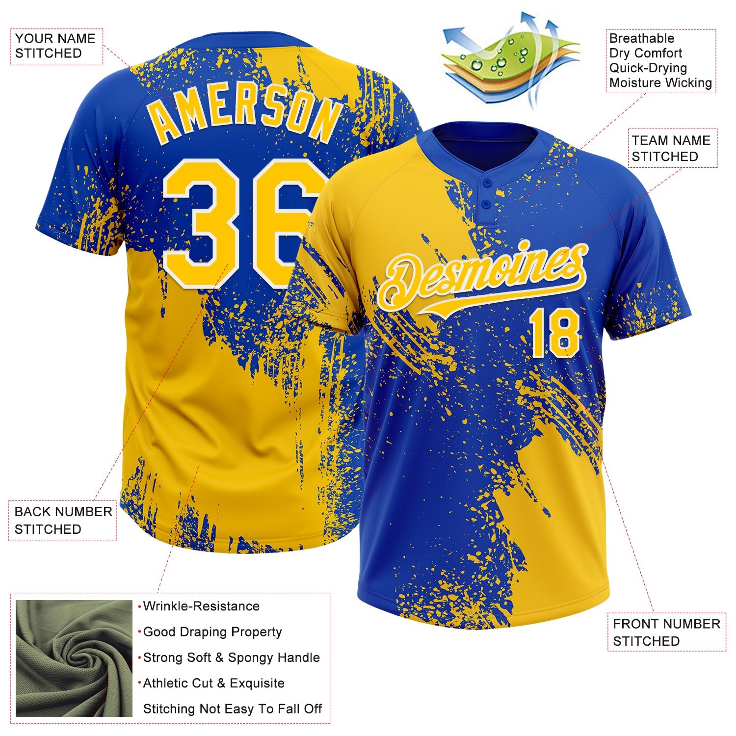 Custom Yellow Thunder Blue-White 3D Pattern Abstract Brush Stroke Two-Button Unisex Softball Jersey view 3
