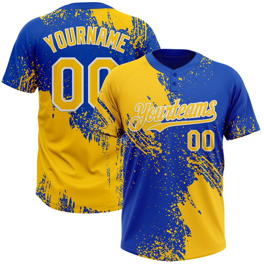 Custom Yellow Thunder Blue-White 3D Pattern Abstract Brush Stroke Two-Button Unisex Softball Jersey - Main View
