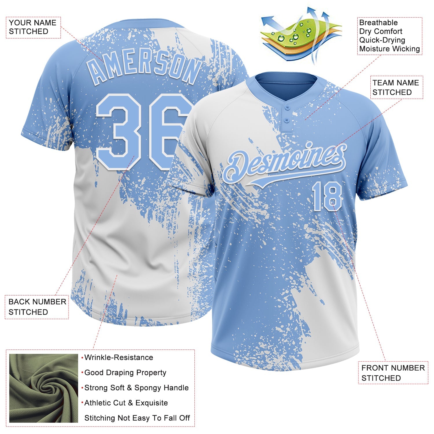 Custom White Light Blue 3D Pattern Abstract Brush Stroke Two-Button Unisex Softball Jersey view 3