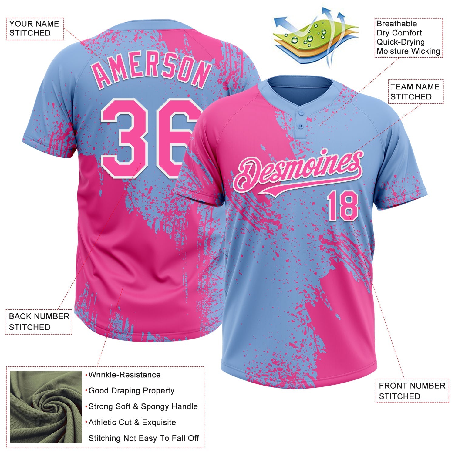 Custom Pink Light Blue-White 3D Pattern Abstract Brush Stroke Two-Button Unisex Softball Jersey view 3