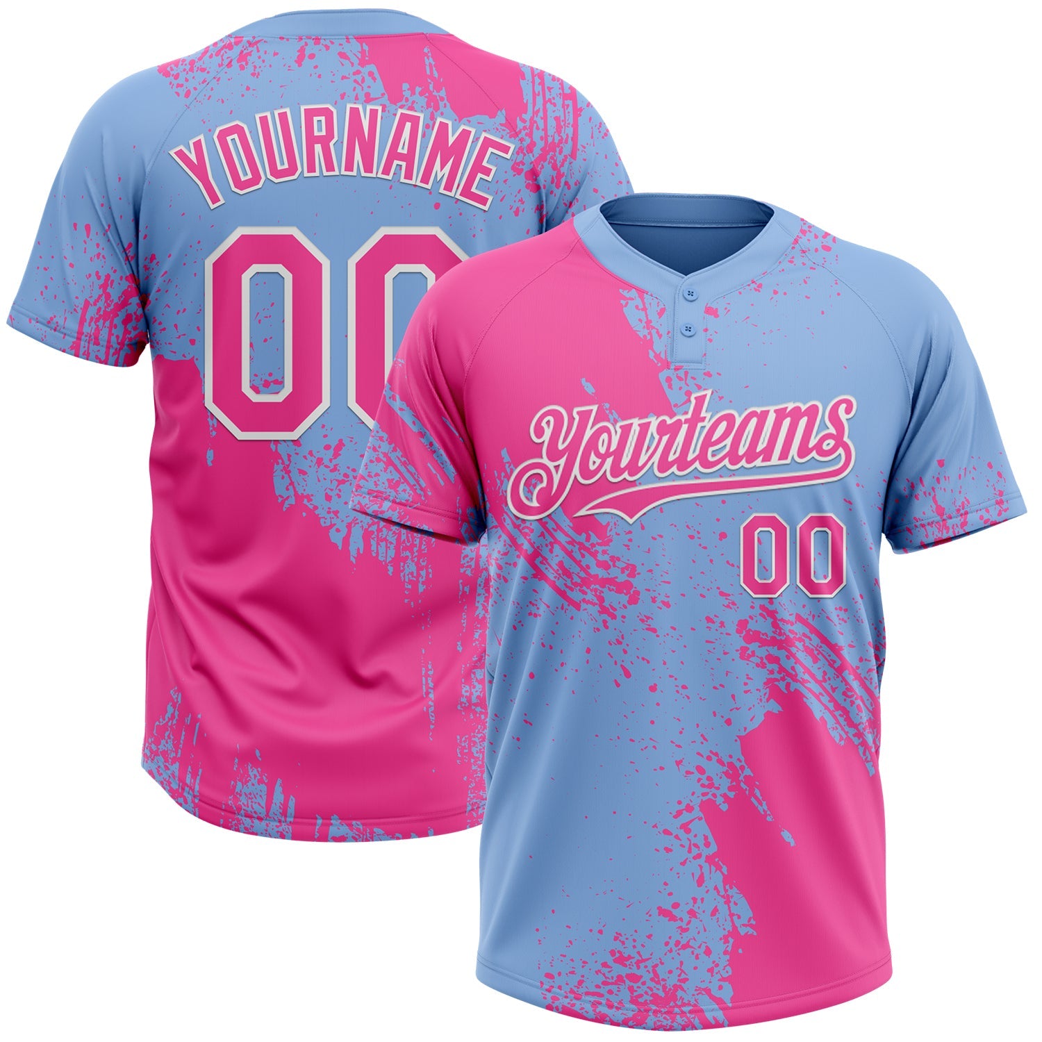 Custom Pink Light Blue-White 3D Pattern Abstract Brush Stroke Two-Button Unisex Softball Jersey - Main View