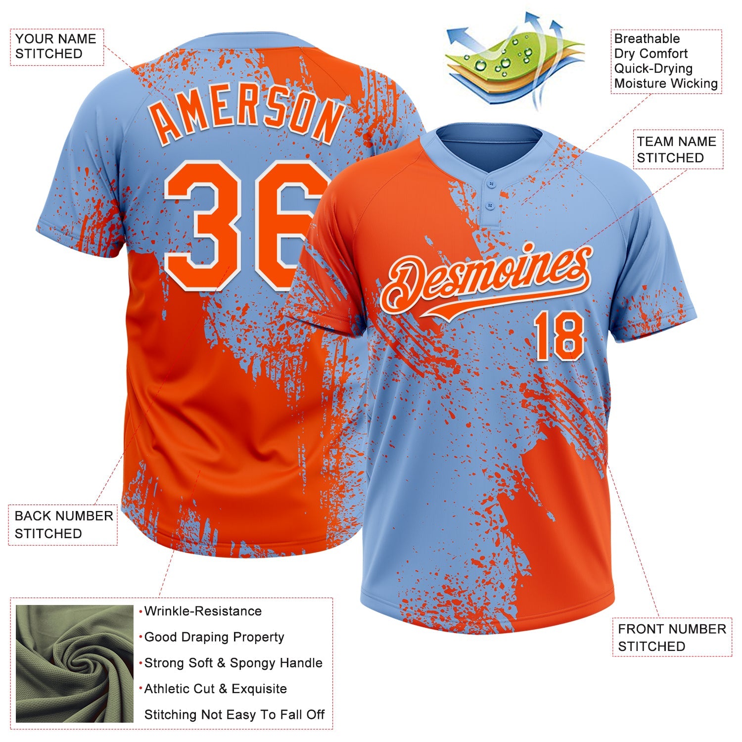 Custom Orange Light Blue-White 3D Pattern Abstract Brush Stroke Two-Button Unisex Softball Jersey view 3