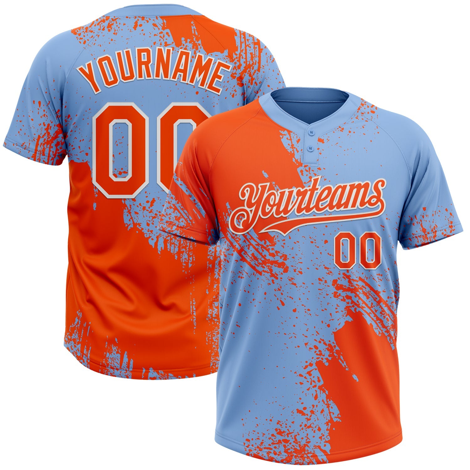 Custom Orange Light Blue-White 3D Pattern Abstract Brush Stroke Two-Button Unisex Softball Jersey - Main View