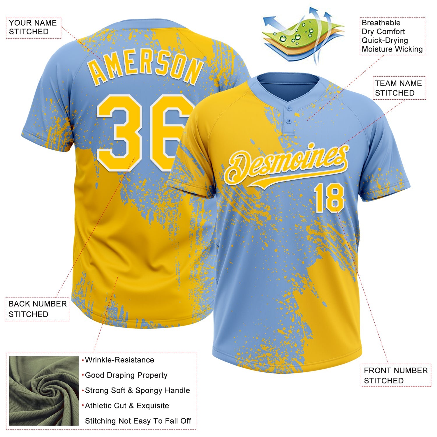 Custom Yellow Light Blue-White 3D Pattern Abstract Brush Stroke Two-Button Unisex Softball Jersey view 3