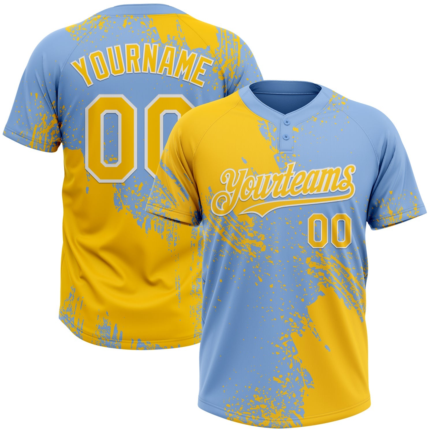 Custom Yellow Light Blue-White 3D Pattern Abstract Brush Stroke Two-Button Unisex Softball Jersey - Main View