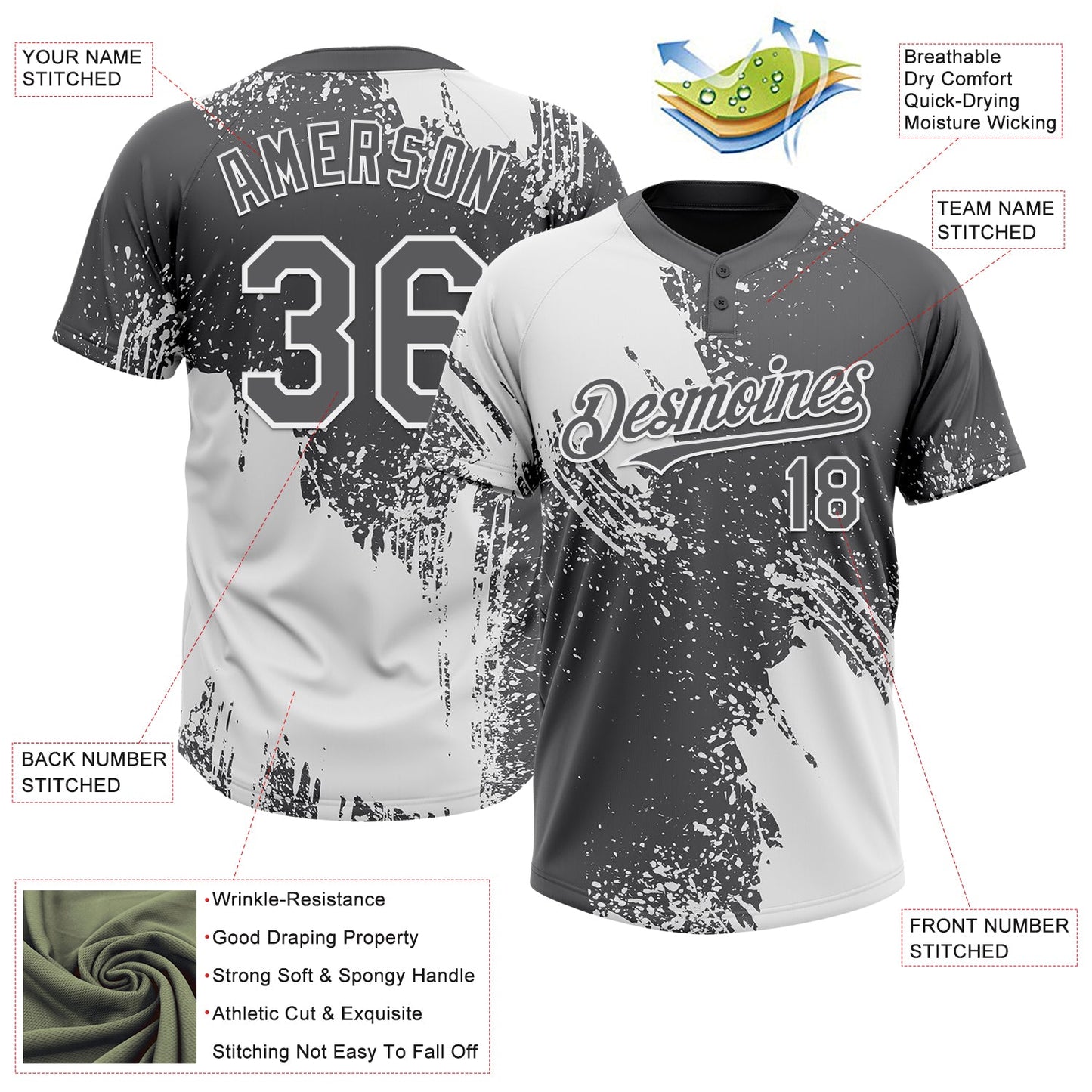 Custom White Steel Gray 3D Pattern Abstract Brush Stroke Two-Button Unisex Softball Jersey view 3