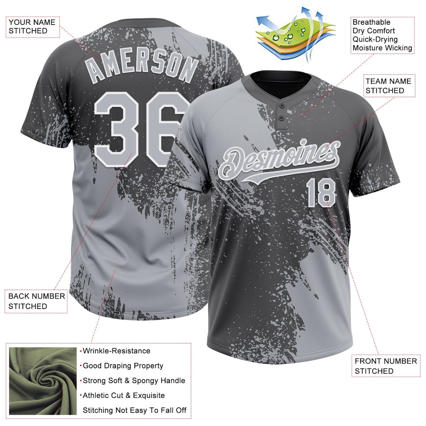 Custom Gray Steel Gray-White 3D Pattern Abstract Brush Stroke Two-Button Unisex Softball Jersey view 3