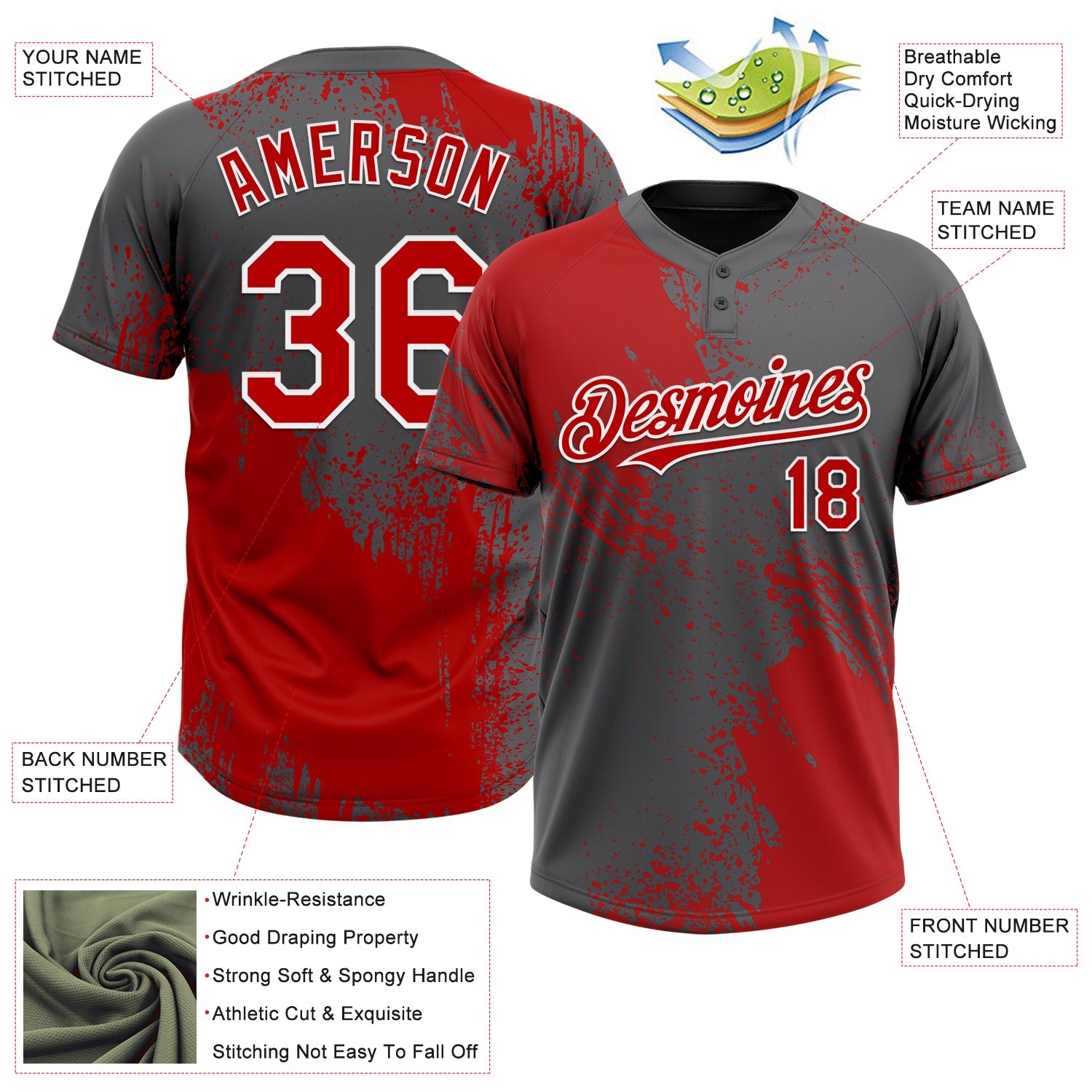 Custom Red Steel Gray-White 3D Pattern Abstract Brush Stroke Two-Button Unisex Softball Jersey view 3