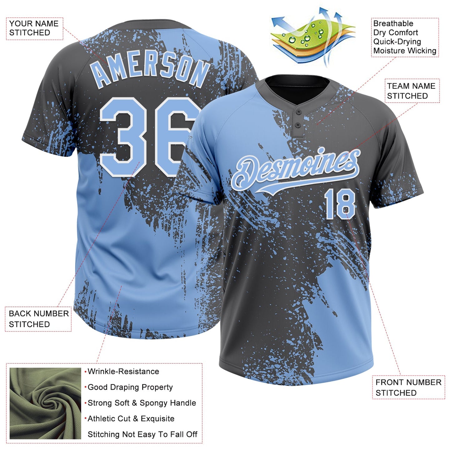 Custom Light Blue Steel Gray-White 3D Pattern Abstract Brush Stroke Two-Button Unisex Softball Jersey view 3